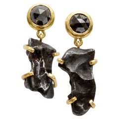 Steven Battelle Sikhote-Alin Meteorite Black Diamond 18K Gold Post Earrings