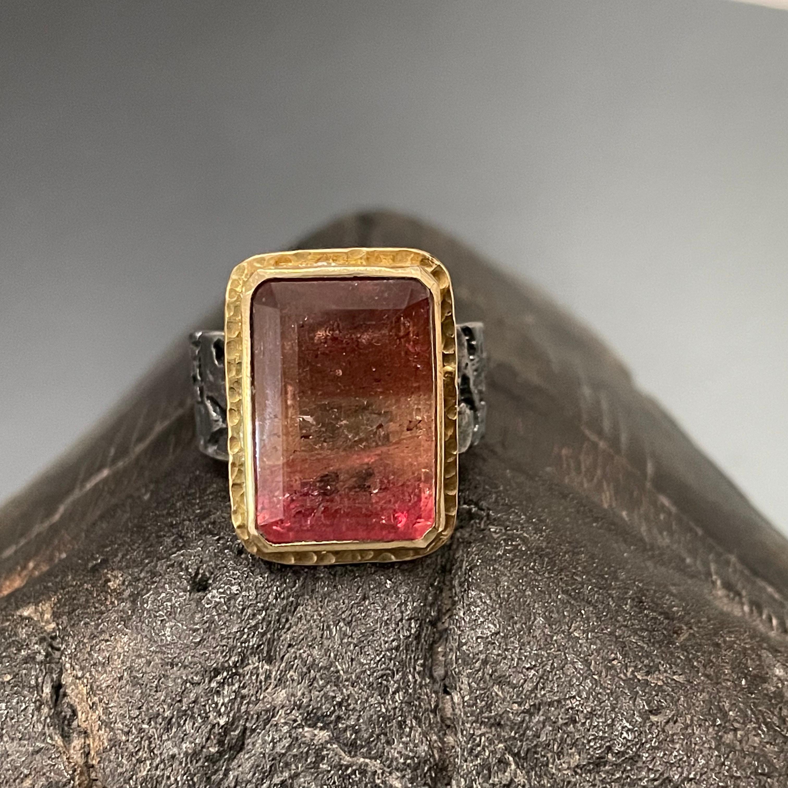 A juicy varied pinkish and orangeish Watermelon Tourmaline 12x17 mm octagon resides in a 