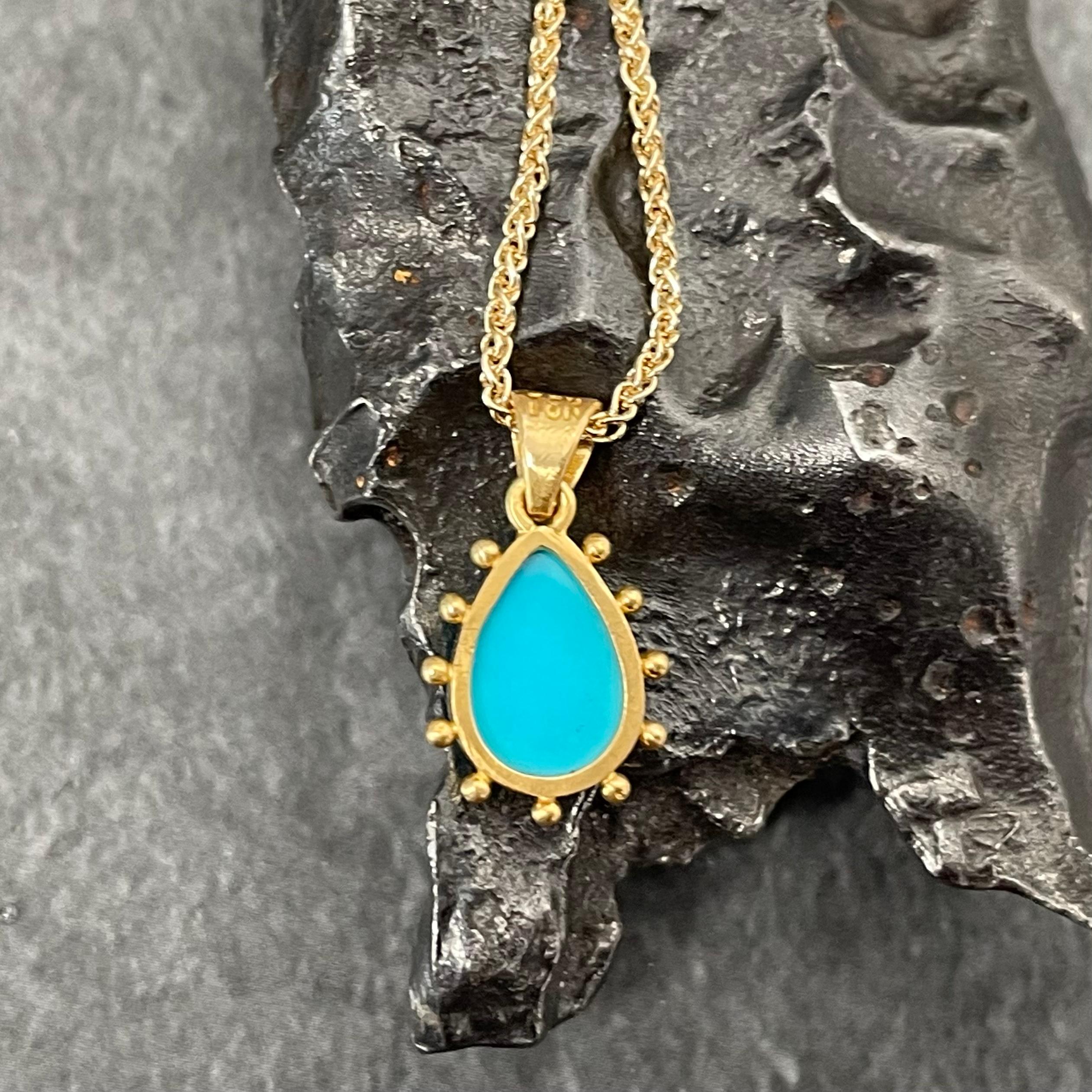 Steven Battelle Sleeping Beauty Turquoise 18K Gold Earrings, Pendant, Chain Set For Sale 6