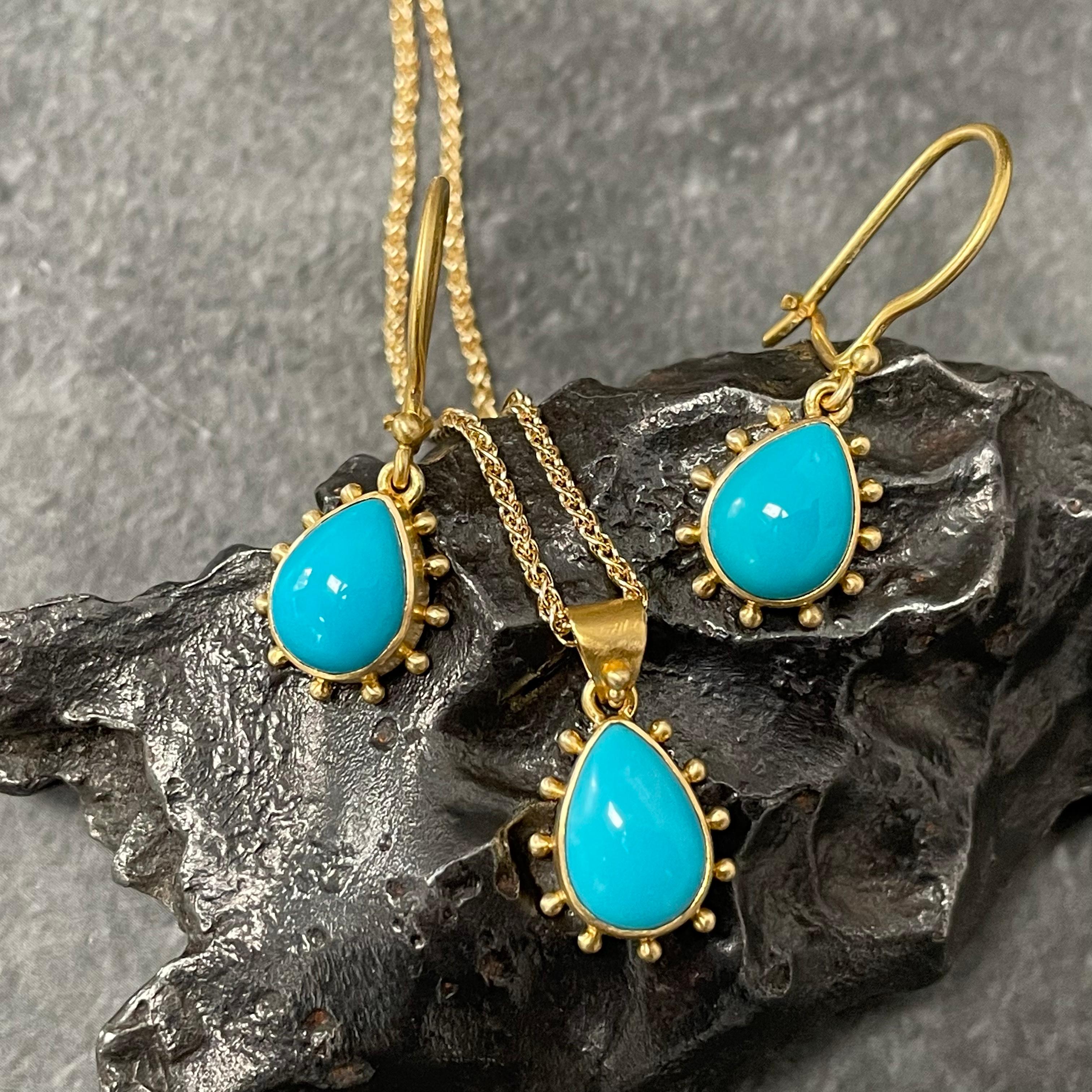 Steven Battelle Sleeping Beauty Turquoise 18K Gold Earrings, Pendant, Chain Set For Sale 2