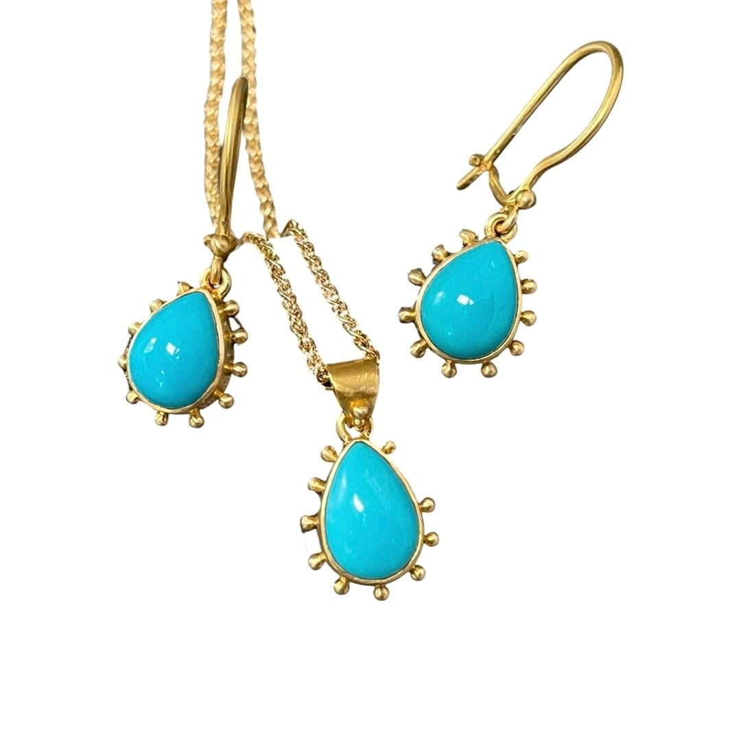 Steven Battelle Sleeping Beauty Turquoise 18K Gold Earrings, Pendant, Chain Set