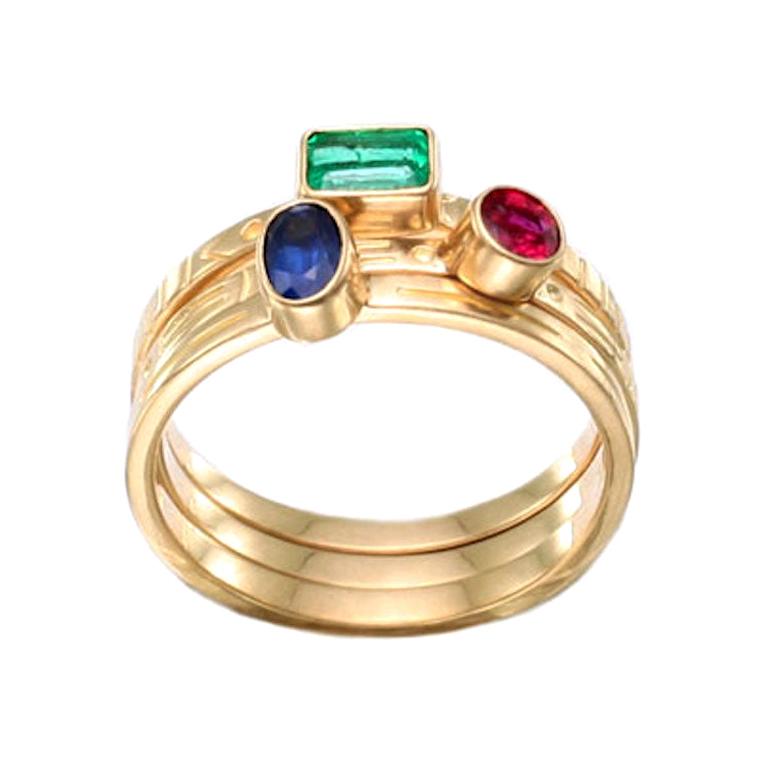 1980s Gold Diamond Ruby Sapphire Emerald Stackable Ring Set at 1stDibs