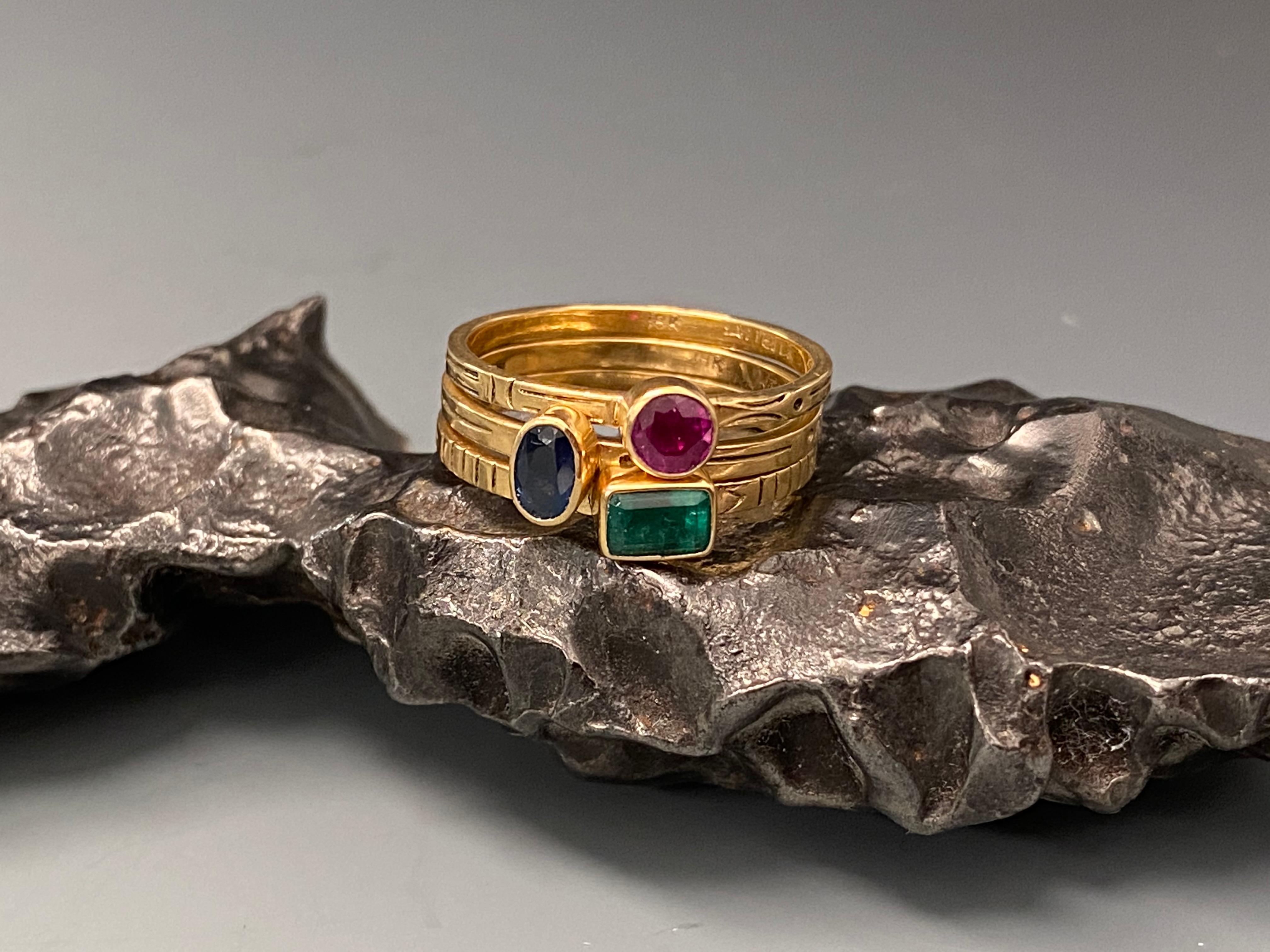 Contemporary Steven Battelle Stacking Ring Ruby Emerald Sapphire 18k Gold For Sale