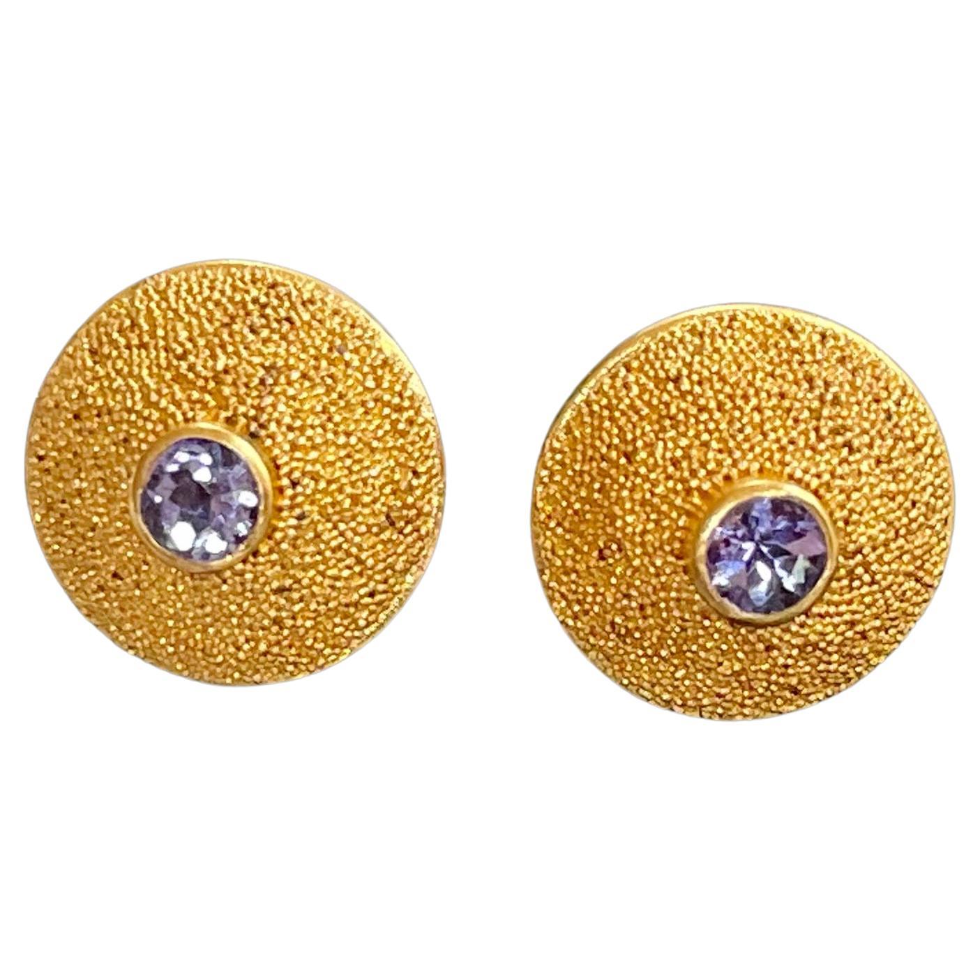 Steven Battelle Tanzanite Granulated 22K Gold Post Earrings For Sale