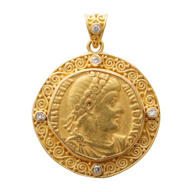 Roman Empire Valentinian 4th Century AD Solidus Coin Pendant 22k Gold