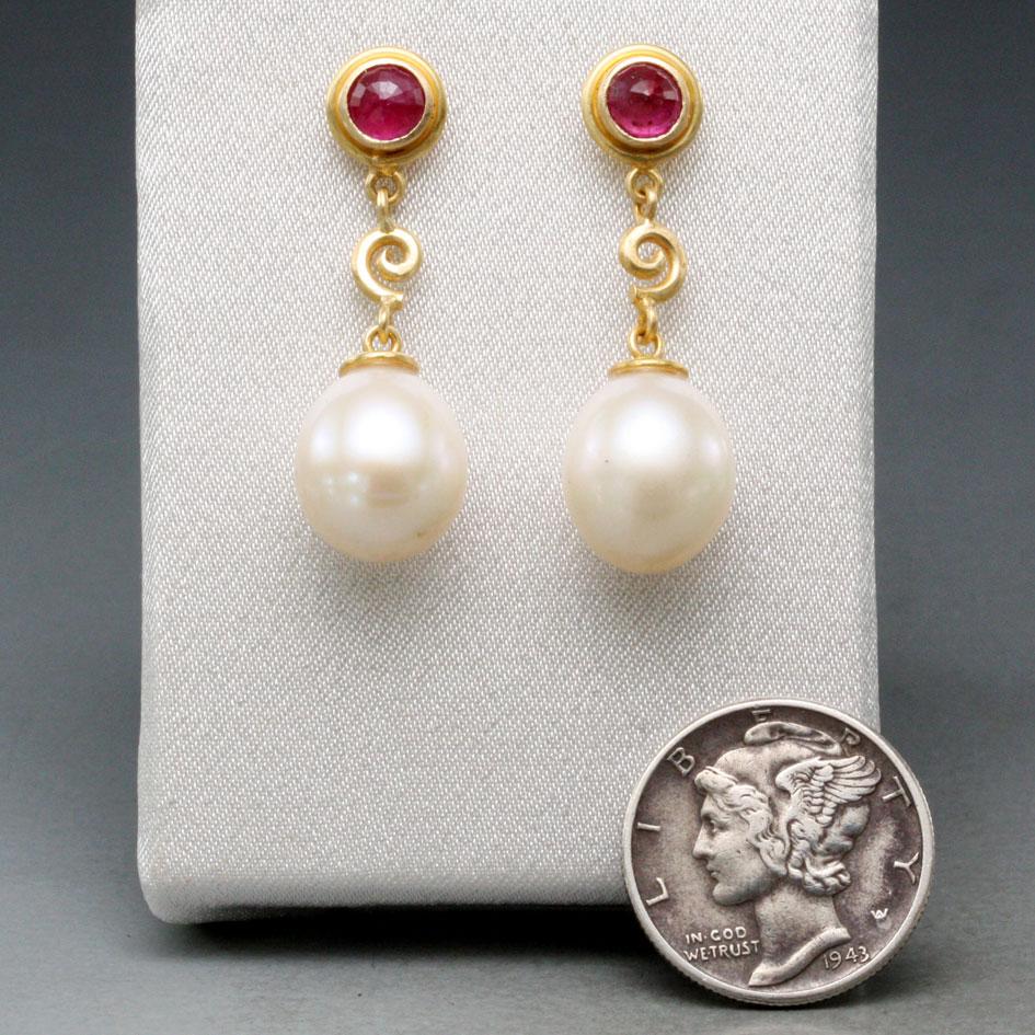 Mixed Cut Steven Battelle White Pearl and Ruby 18K Gold Post Earrings For Sale