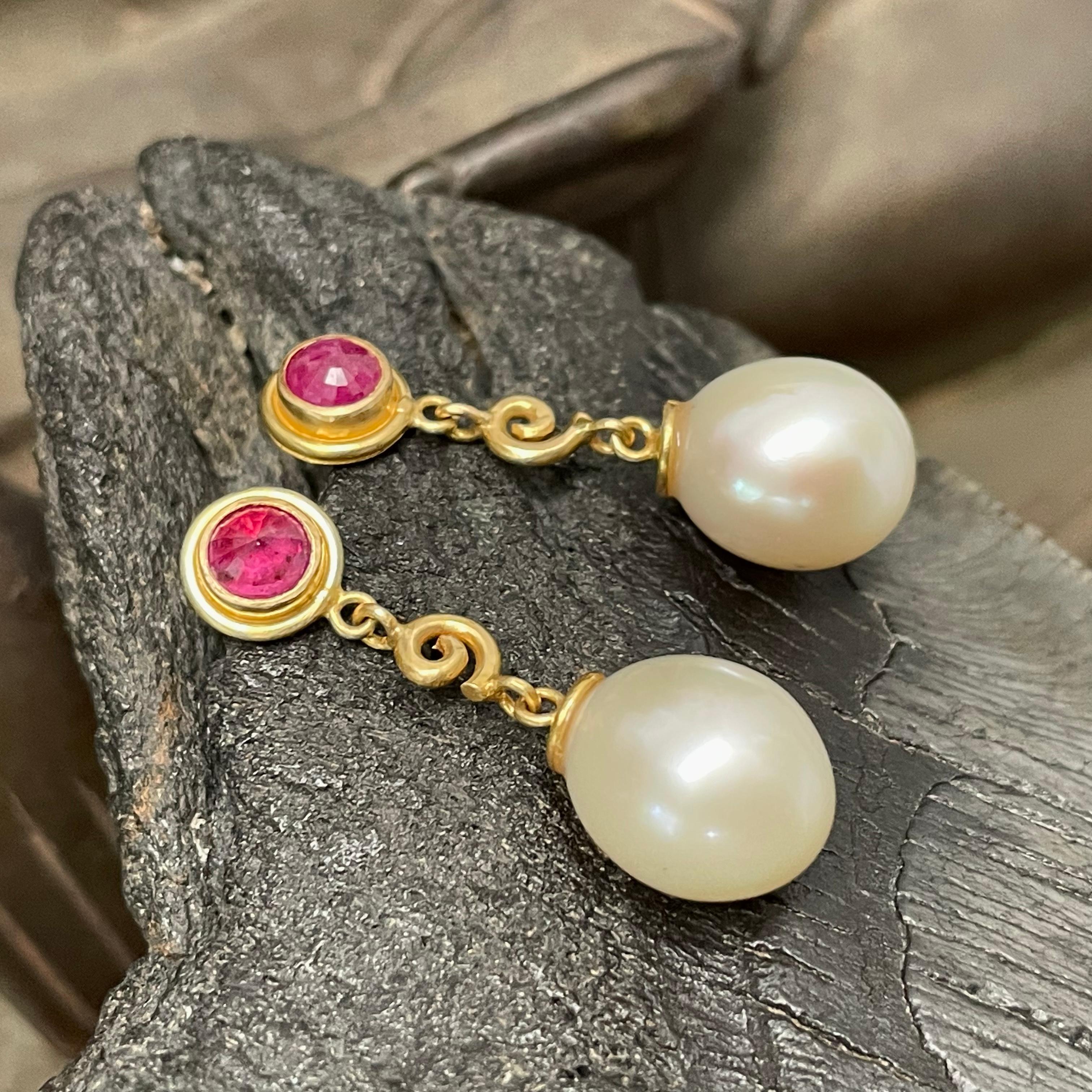 Women's Steven Battelle White Pearl and Ruby 18K Gold Post Earrings For Sale