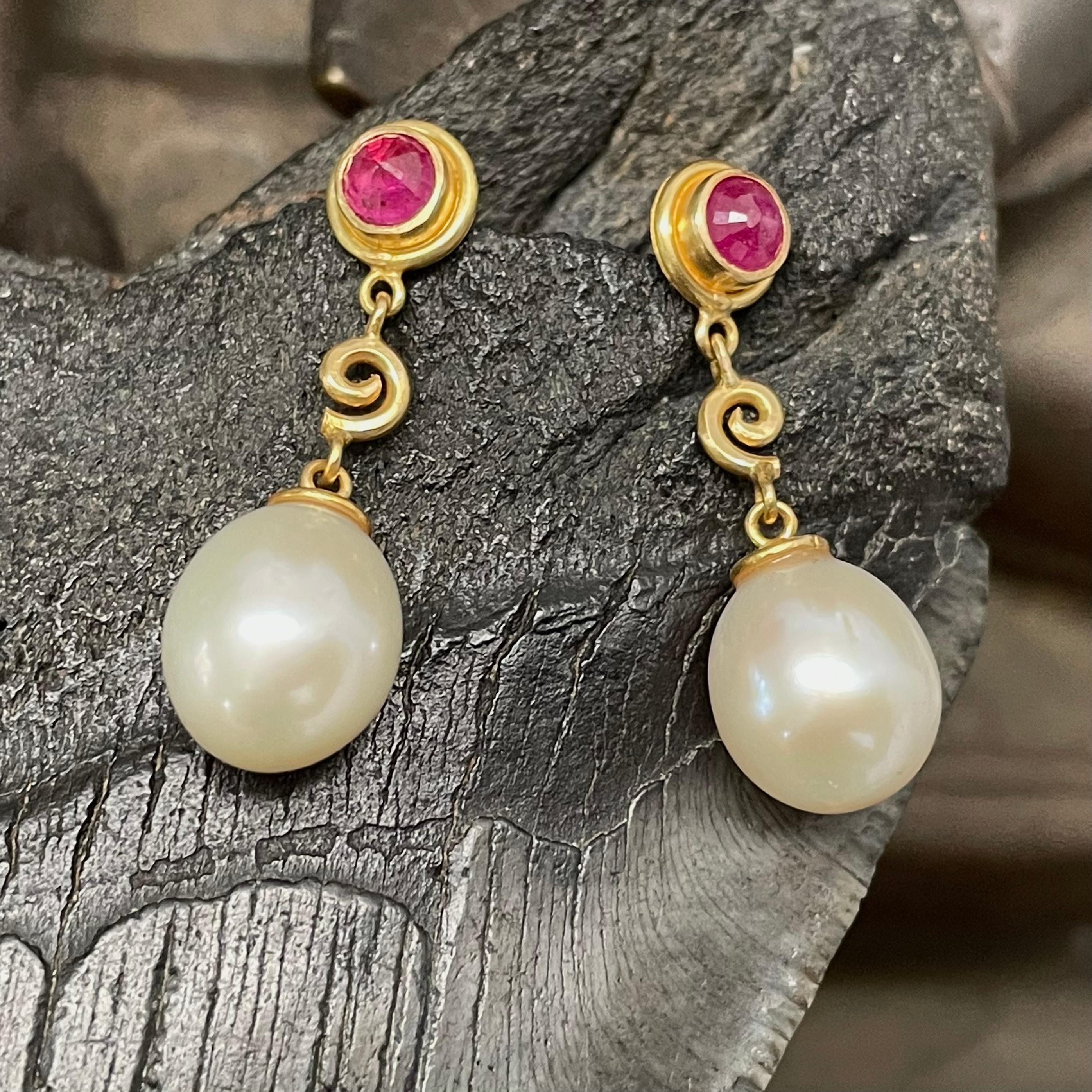 Steven Battelle White Pearl and Ruby 18K Gold Post Earrings For Sale 1