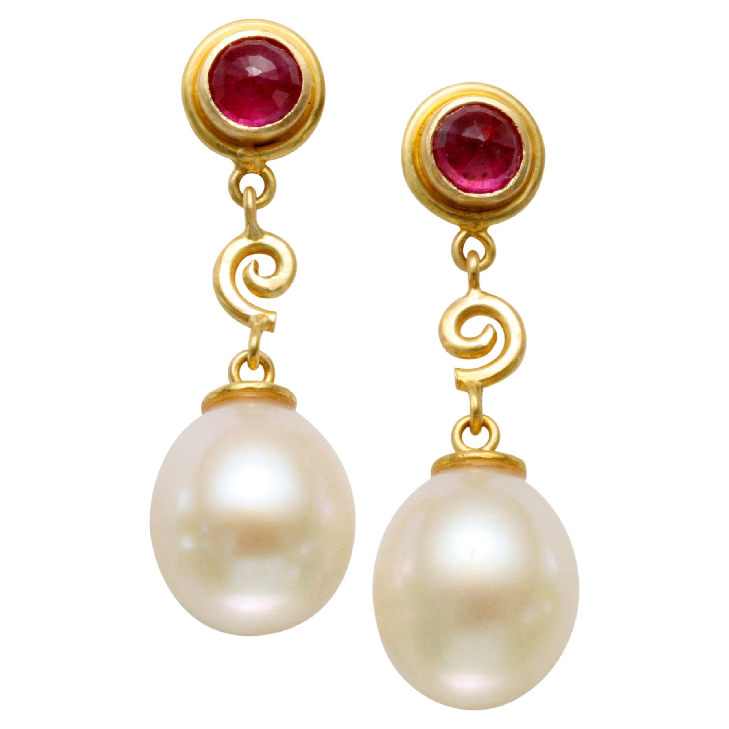 Steven Battelle White Pearl and Ruby 18K Gold Post Earrings