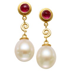 Steven Battelle White Pearl and Ruby 18K Gold Post Earrings