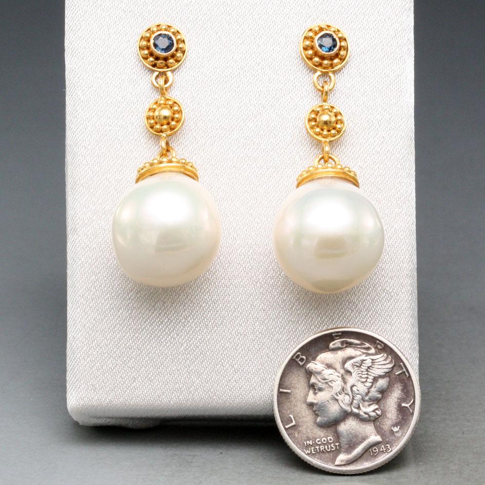 Steven Battelle White Pearl Blue Sapphire 22K Gold Post Earrings For Sale 2