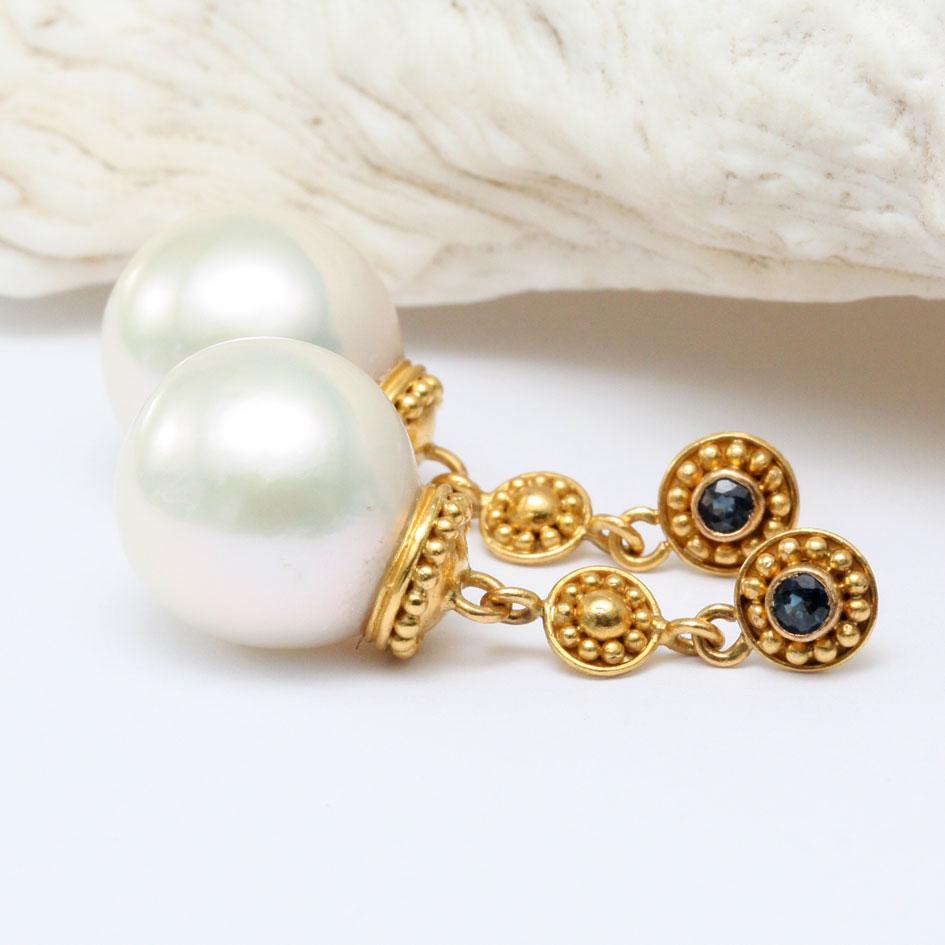 Women's Steven Battelle White Pearl Blue Sapphire 22K Gold Post Earrings For Sale
