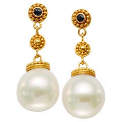 Steven Battelle White Pearl Blue Sapphire 22K Gold Post Earrings