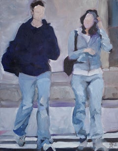 2 Pedestrians in Blue, Painting, Oil on Canvas