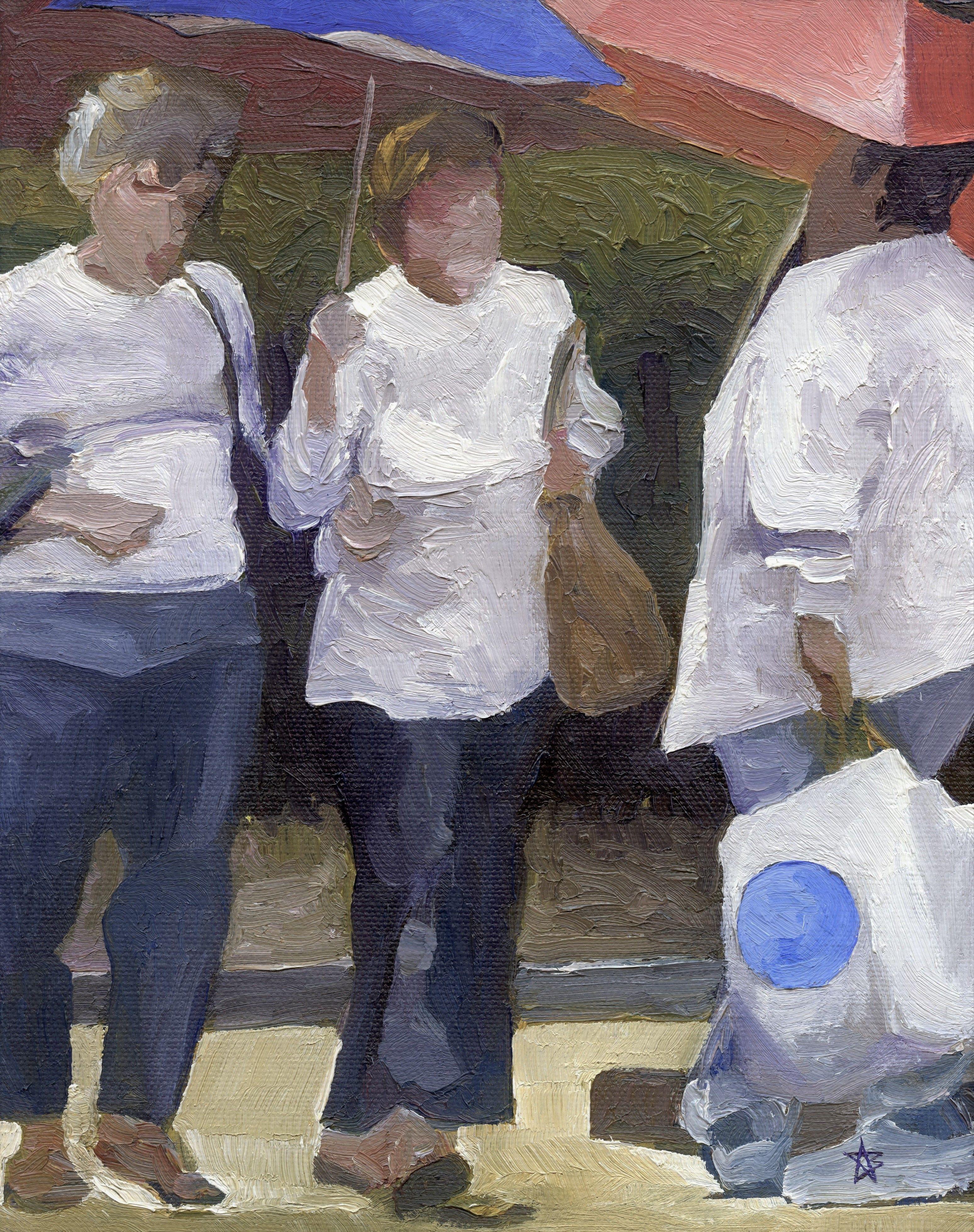 Three women in the rain crossing Darlington at Murray, as seen from a car.  :: Painting :: Impressionist :: This piece comes with an official certificate of authenticity signed by the artist :: Ready to Hang: Yes :: Signed: Yes :: Signature