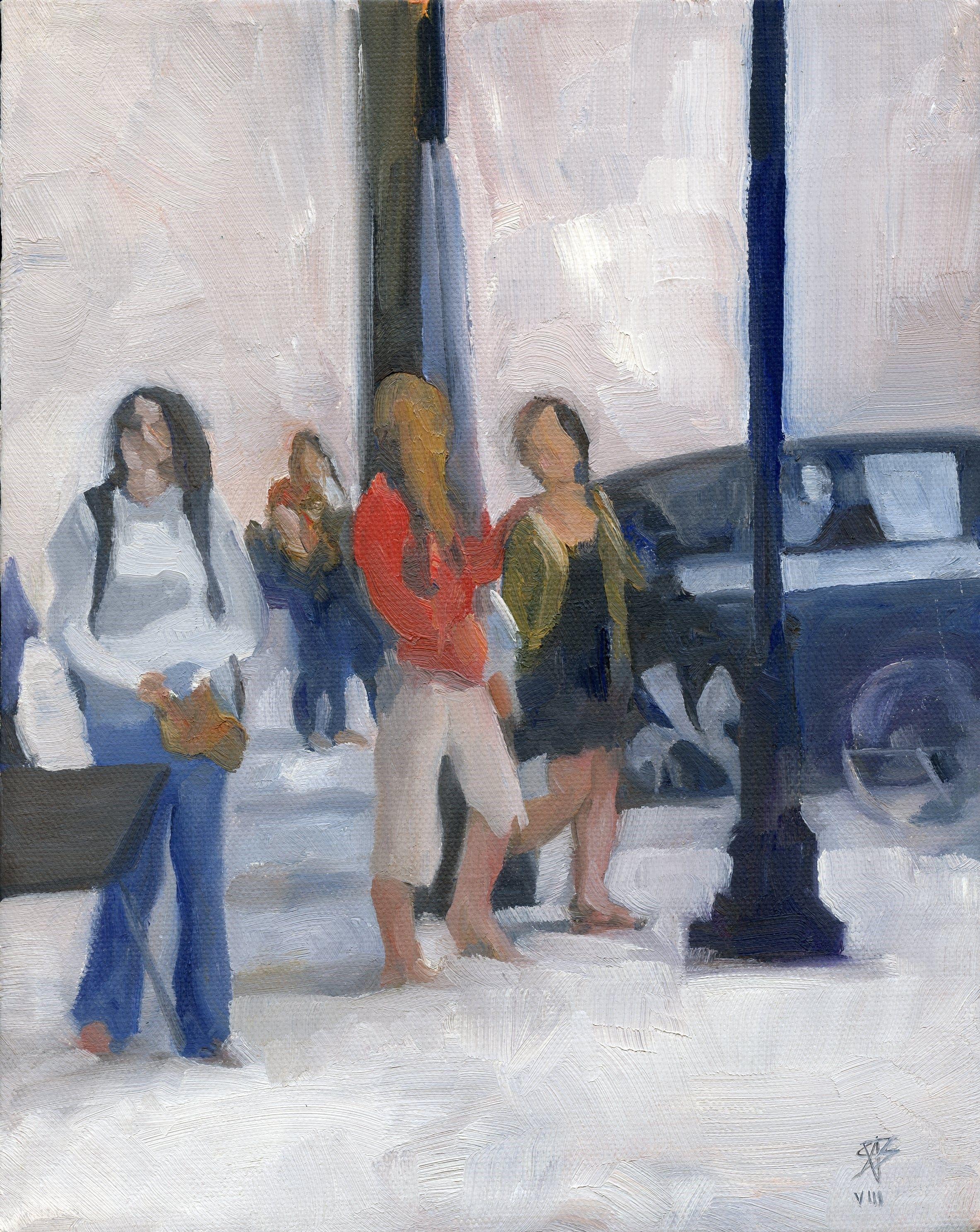 This is an atmospheric view of people walking near the campus of the University of Pittsburgh. The bright red jacket acts as a focal point in a largely monochromatic environment. :: Painting :: Contemporary :: This piece comes with an official