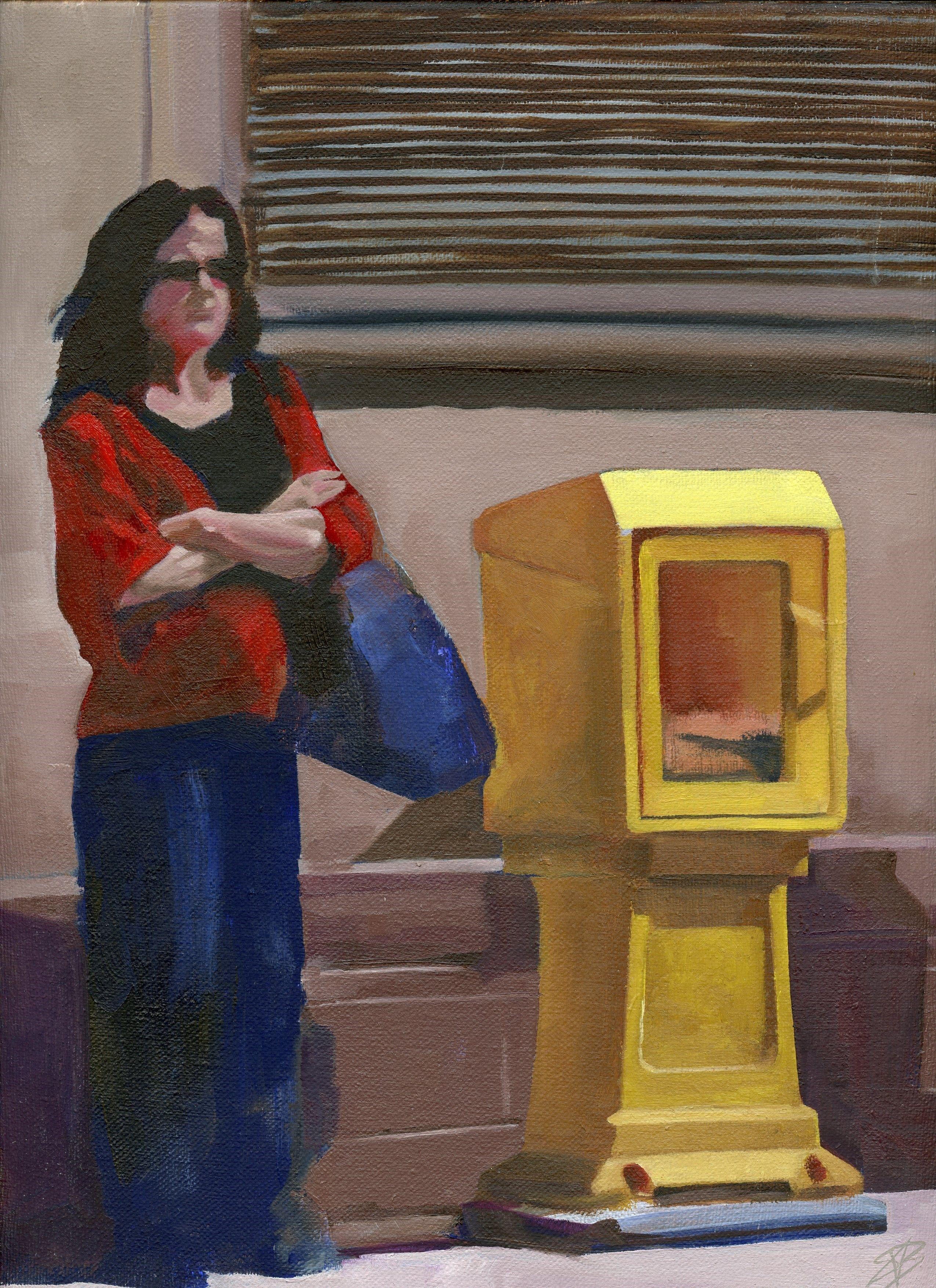 Steven Boksenbaum Figurative Painting - Bus stop 1, Forbes Ave, Painting, Oil on Canvas