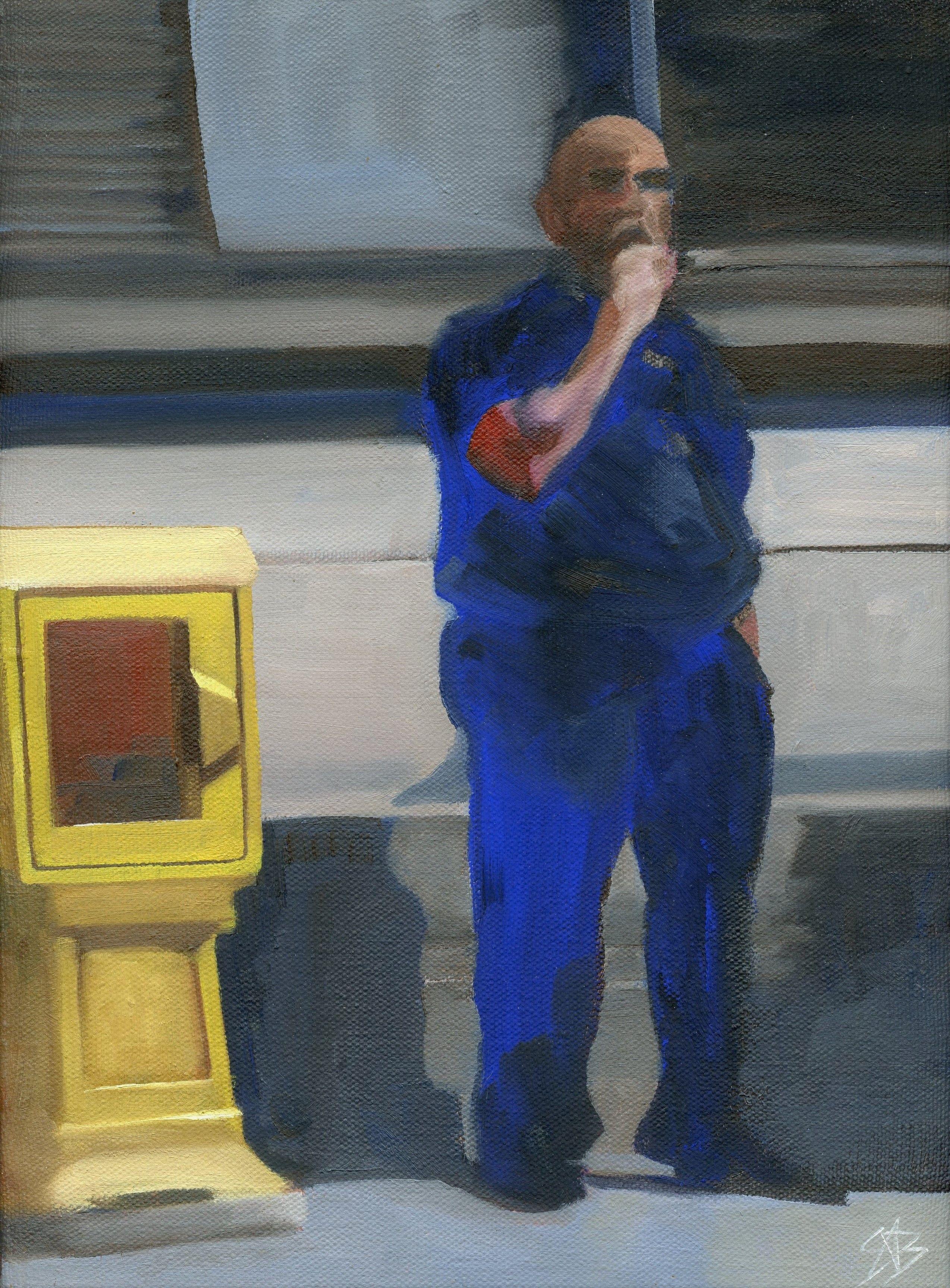 Steven Boksenbaum Figurative Painting - Bus stop 3, Forbes Ave, Painting, Oil on Canvas