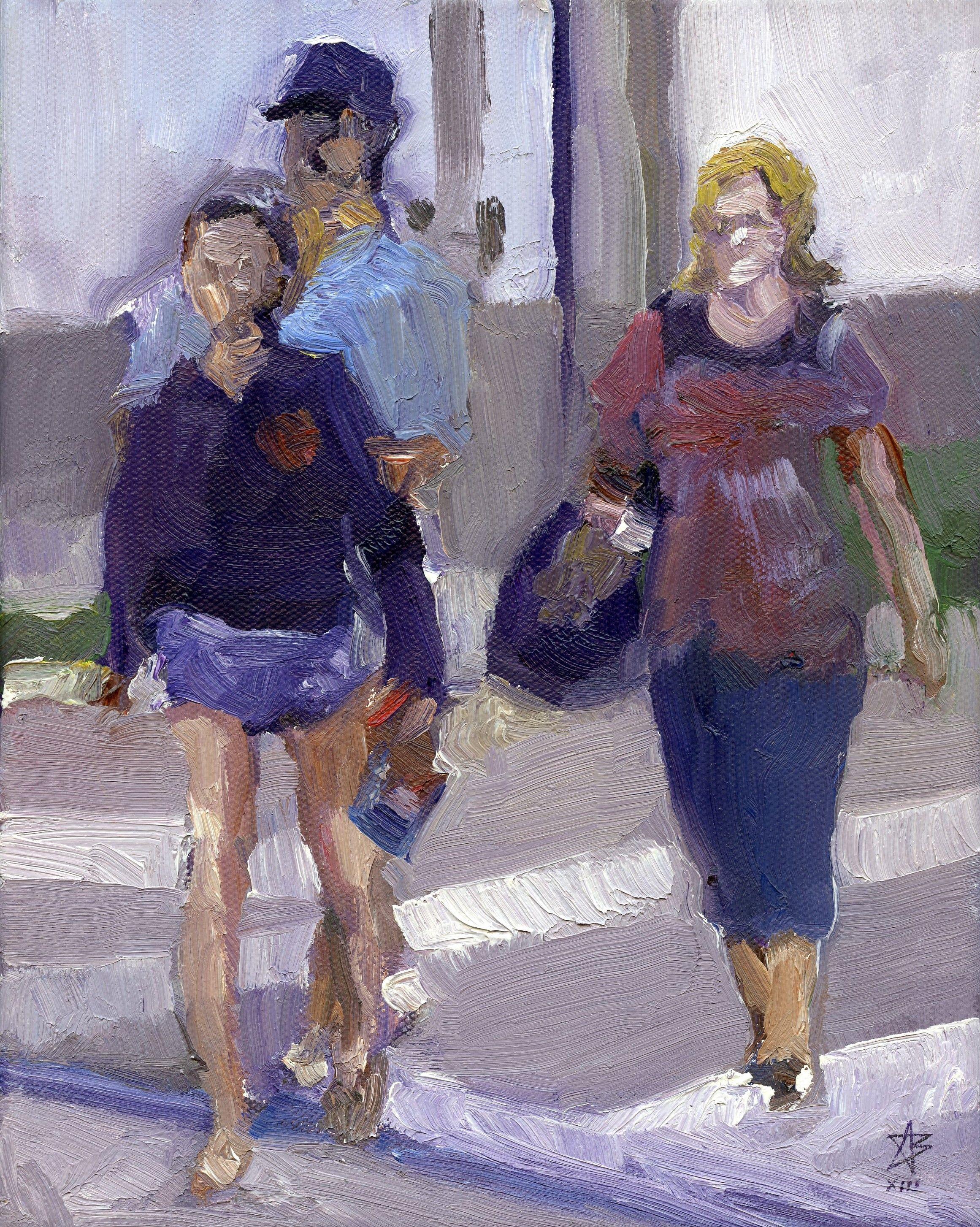 Famiglia che attraversa la strada, Pittura, Olio su tela - Painting di Steven Boksenbaum