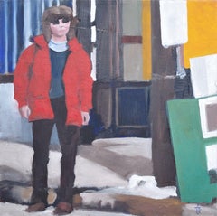 Figure with red jacket near green news box, Painting, Oil on Canvas