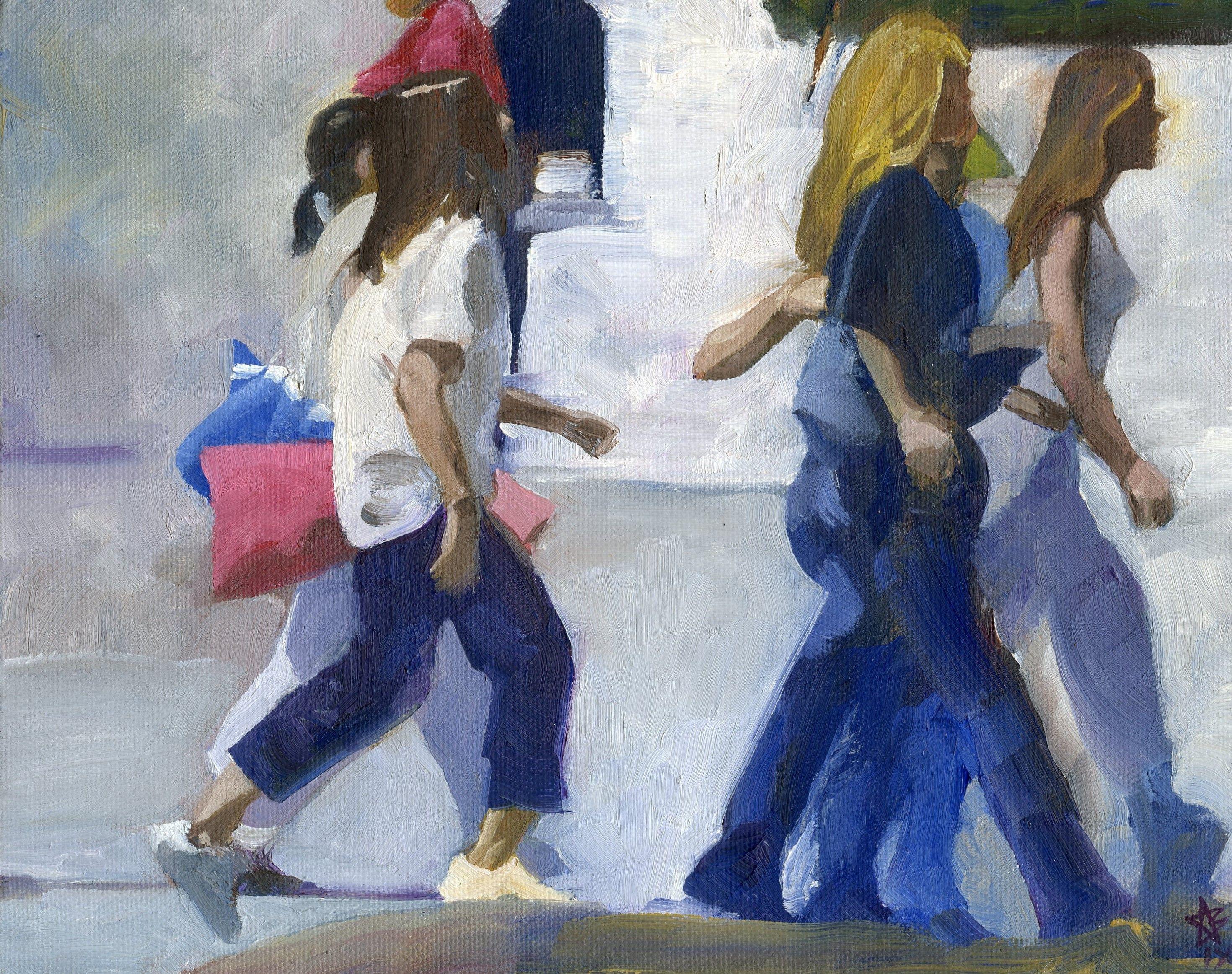 Girls going home after school cross as I am stopped at the light. They fit into a series of rectangles surrounded by light. Oil on cotton canvas stretched over pine bars, ready to hang but can be framed by the buyer. :: Painting :: Contemporary ::