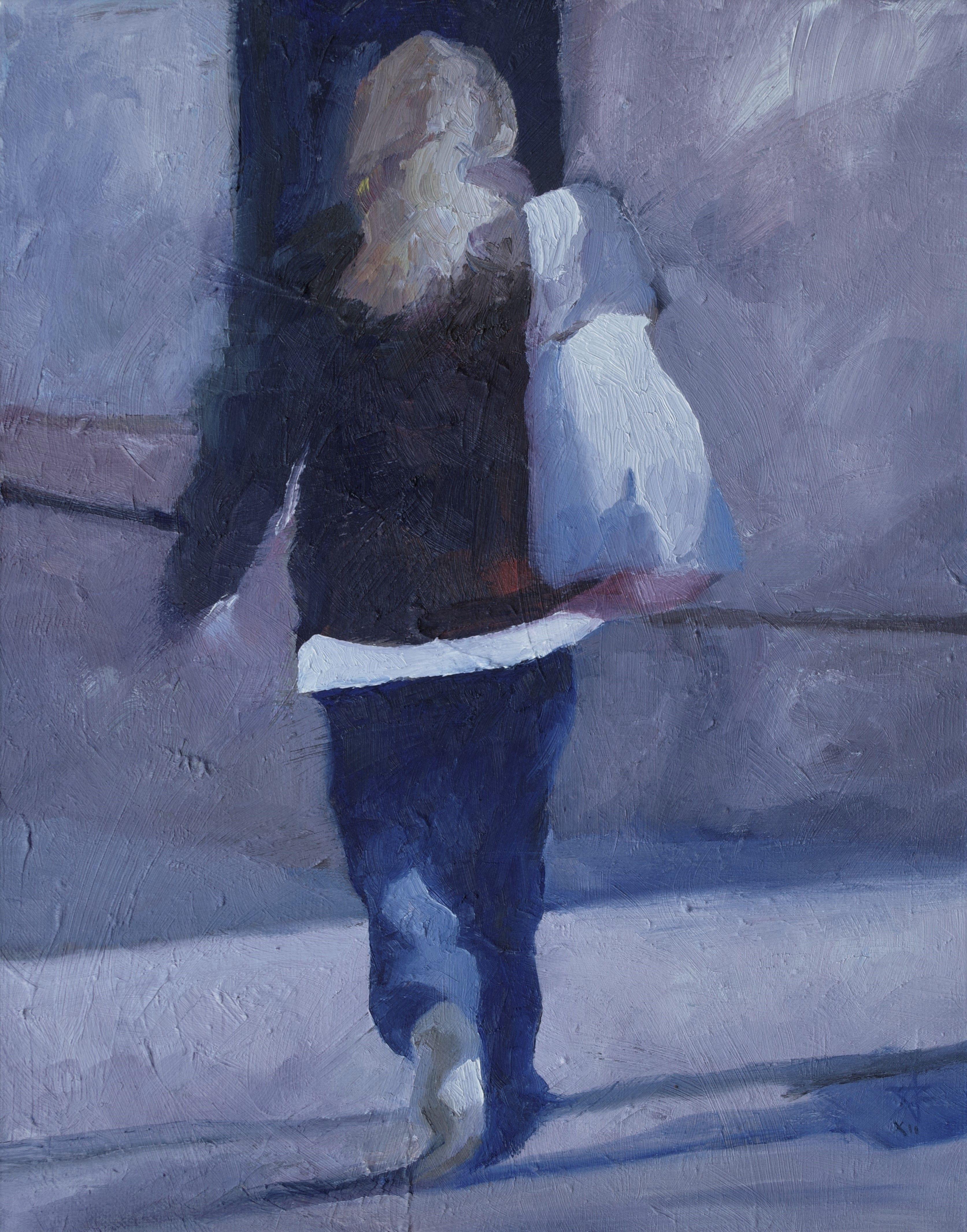 Pedone con borsa bianca, Pittura, Olio su tela - Painting di Steven Boksenbaum