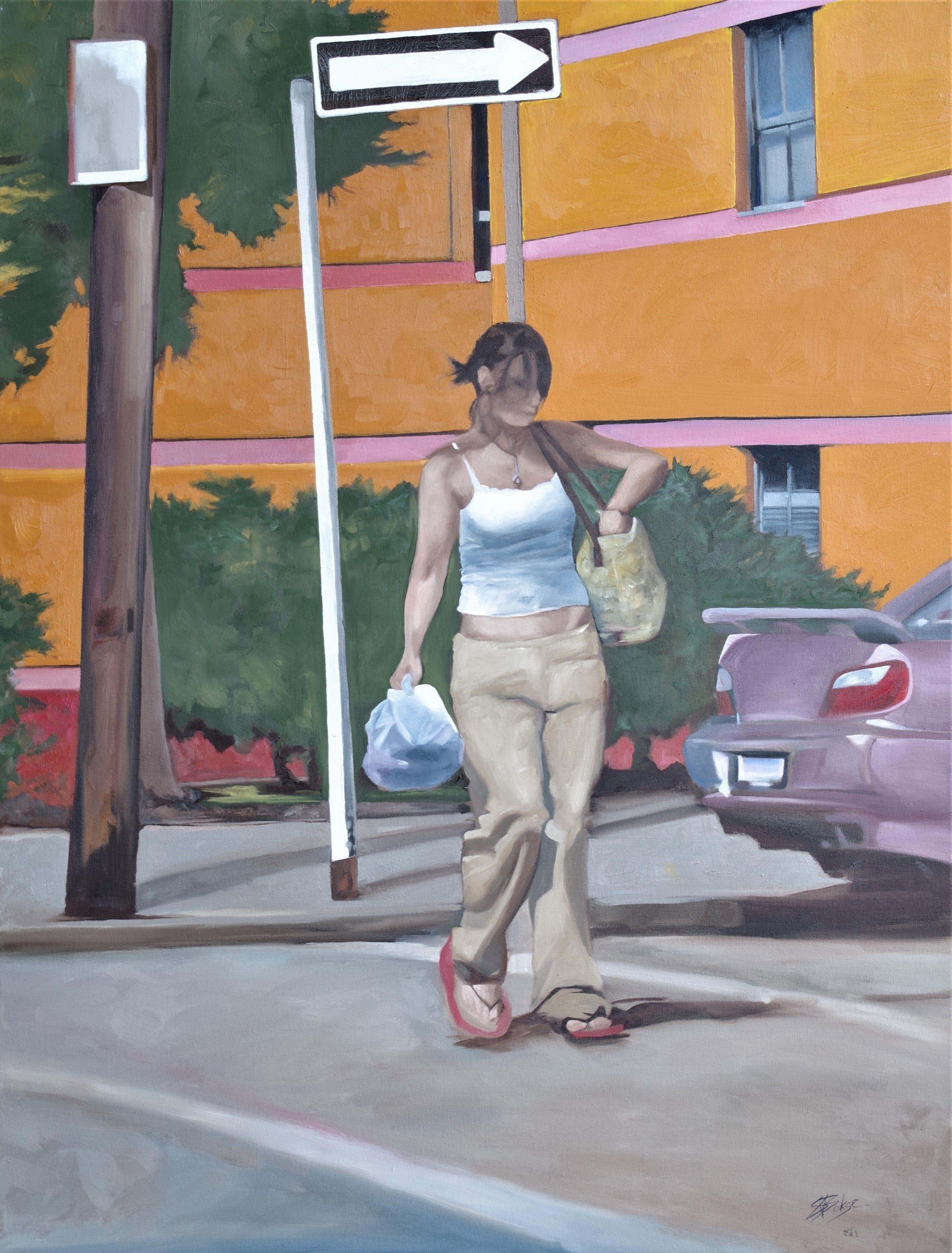 Based on a drive-by photo, a young woman crosses a street in the Oakland neighborhood of Pittsburgh, among the universities, holding one bag while checking the other. :: Painting :: Realism :: This piece comes with an official certificate of