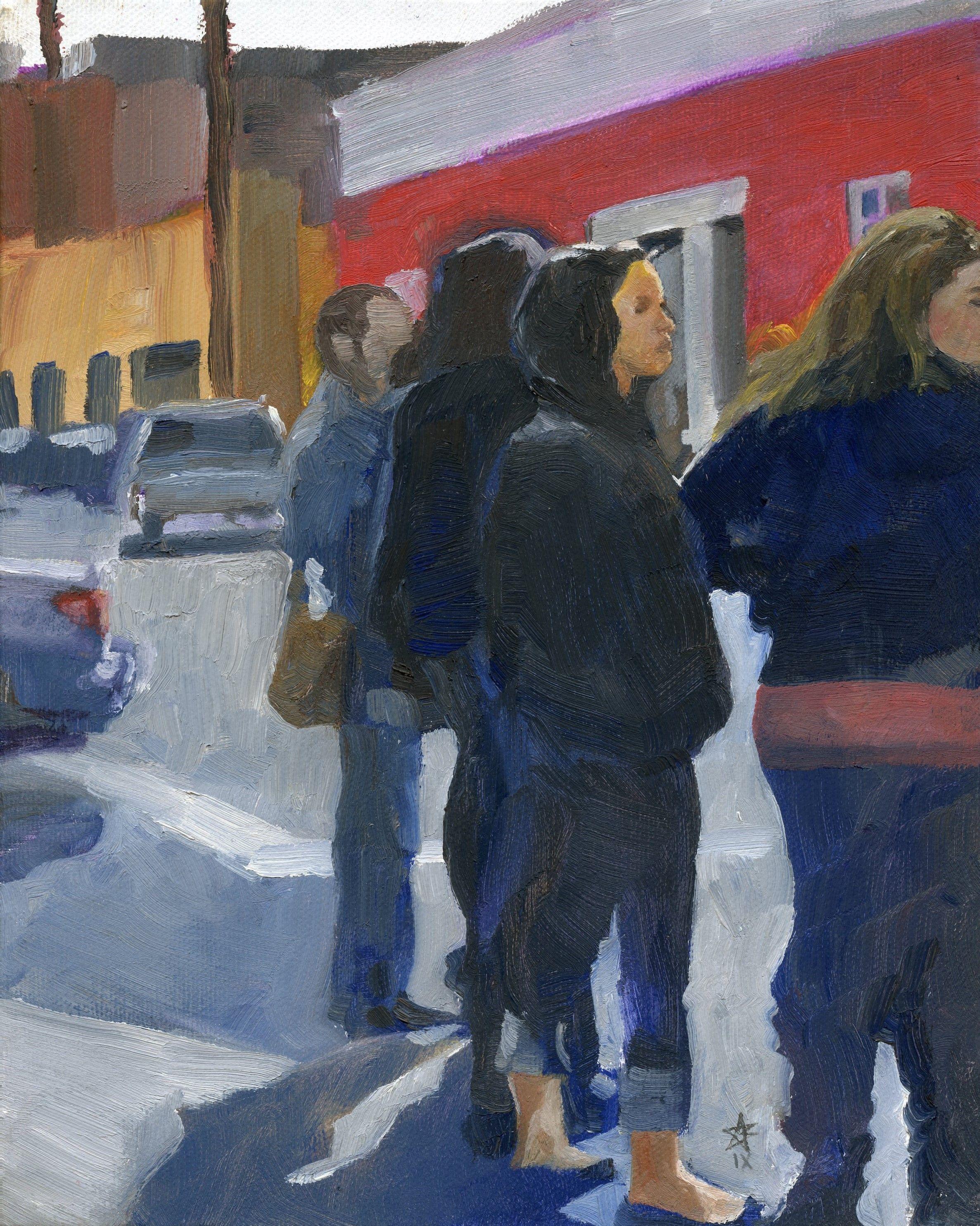 Waiting to cross Murray, Gemälde, Öl auf Leinwand – Painting von Steven Boksenbaum