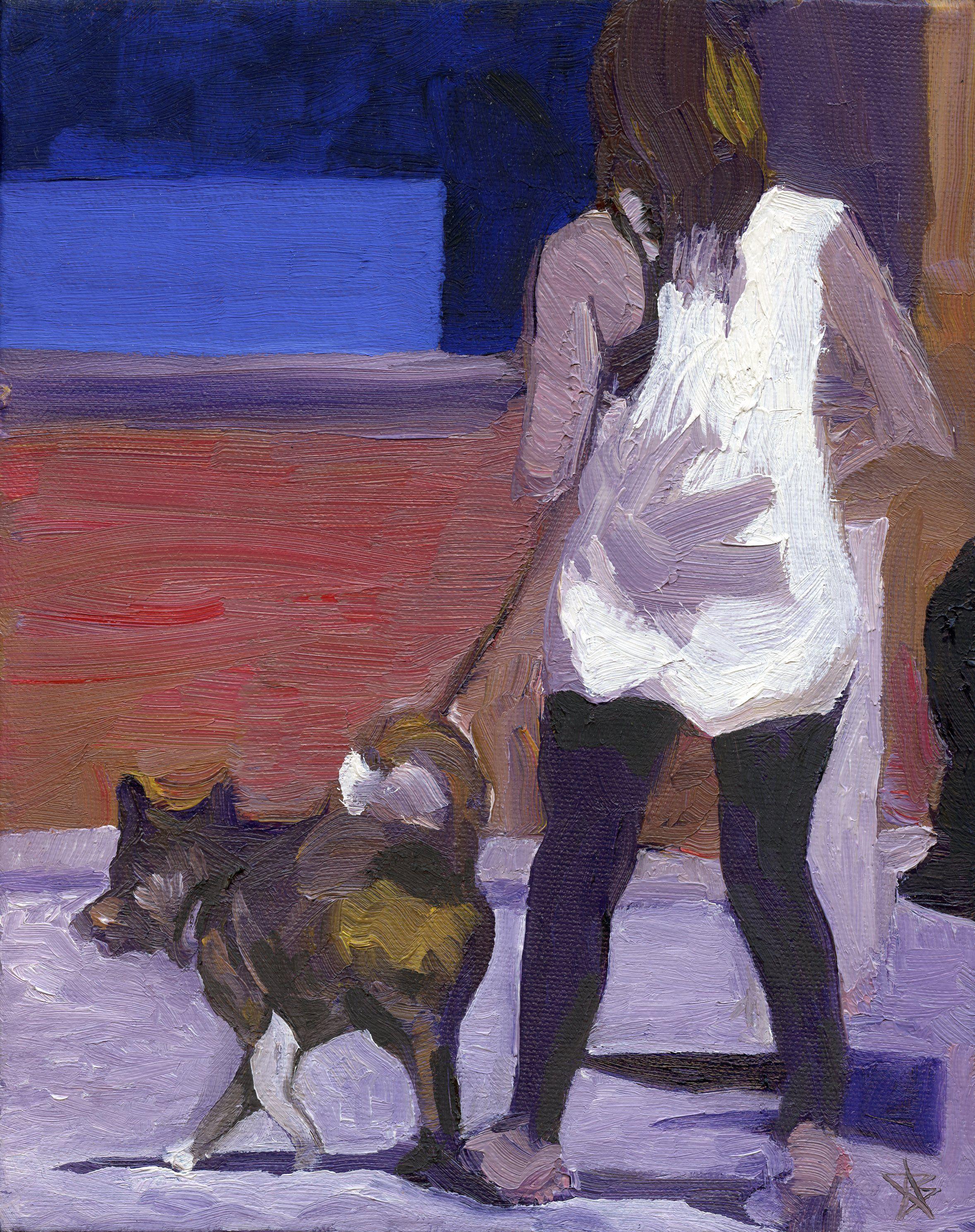 Donna con cane giallo, Pittura, Olio su tela - Painting di Steven Boksenbaum