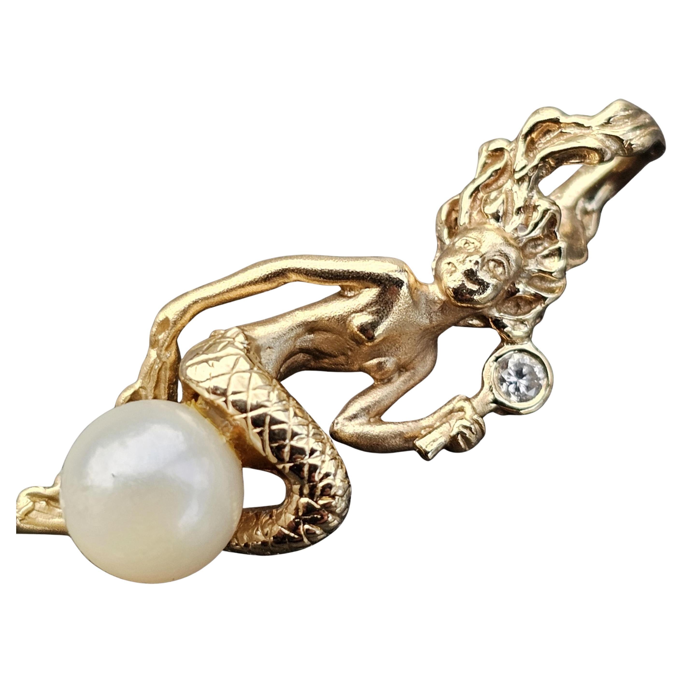 Steven Douglas 14k Yellow Gold Mermaid in the Mirror Diamond Pearl Pendant 3.5g