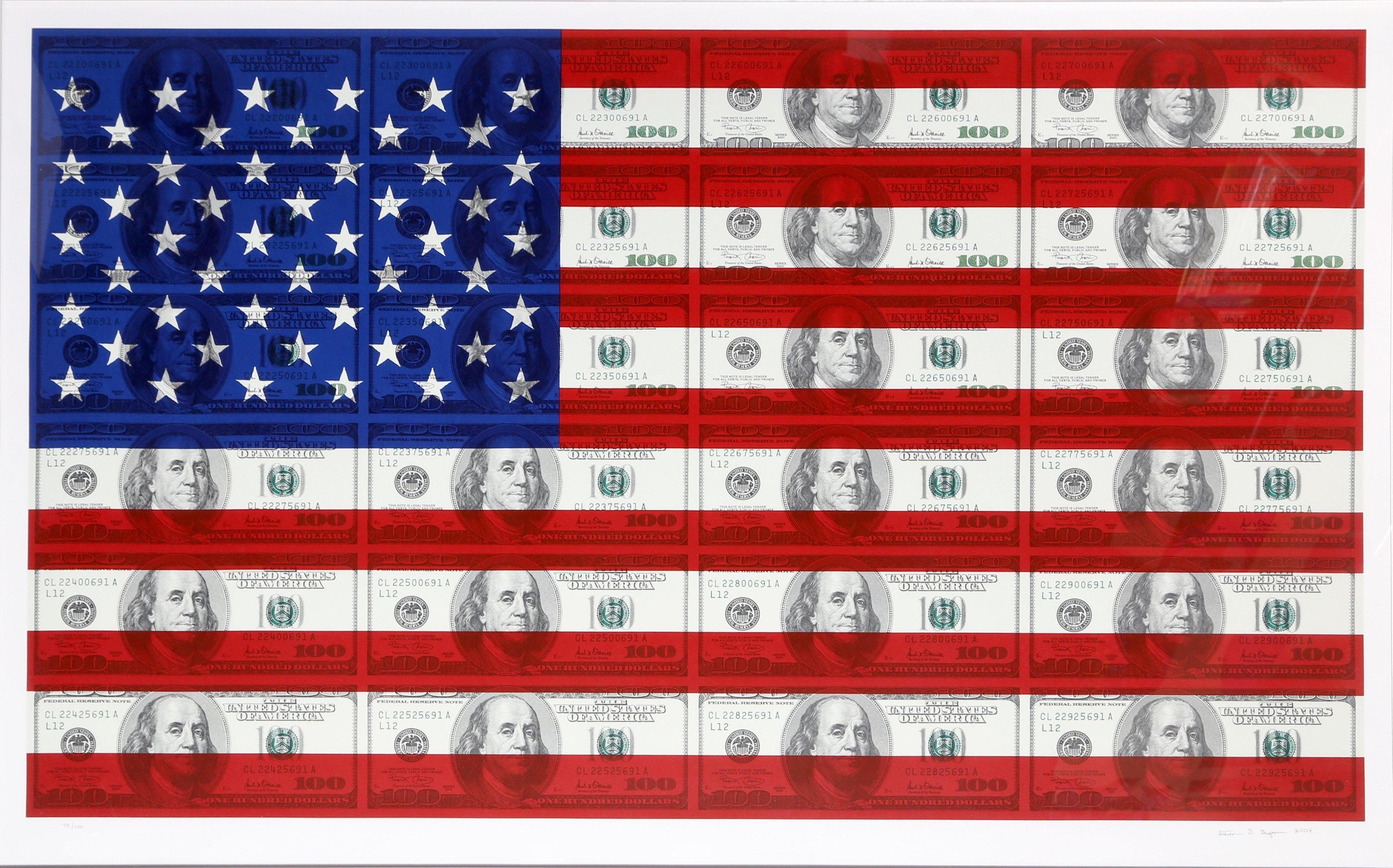 $100 U.S. Flag by Steven Gagnon, American (1973)
Date: 2004
Screenprint on Coventry, Signed and numbered in pencil
Edition of 100
Image Size: 36 x 60 inches
Size: 40 in. x 63 in. (101.6 cm x 160.02 cm)