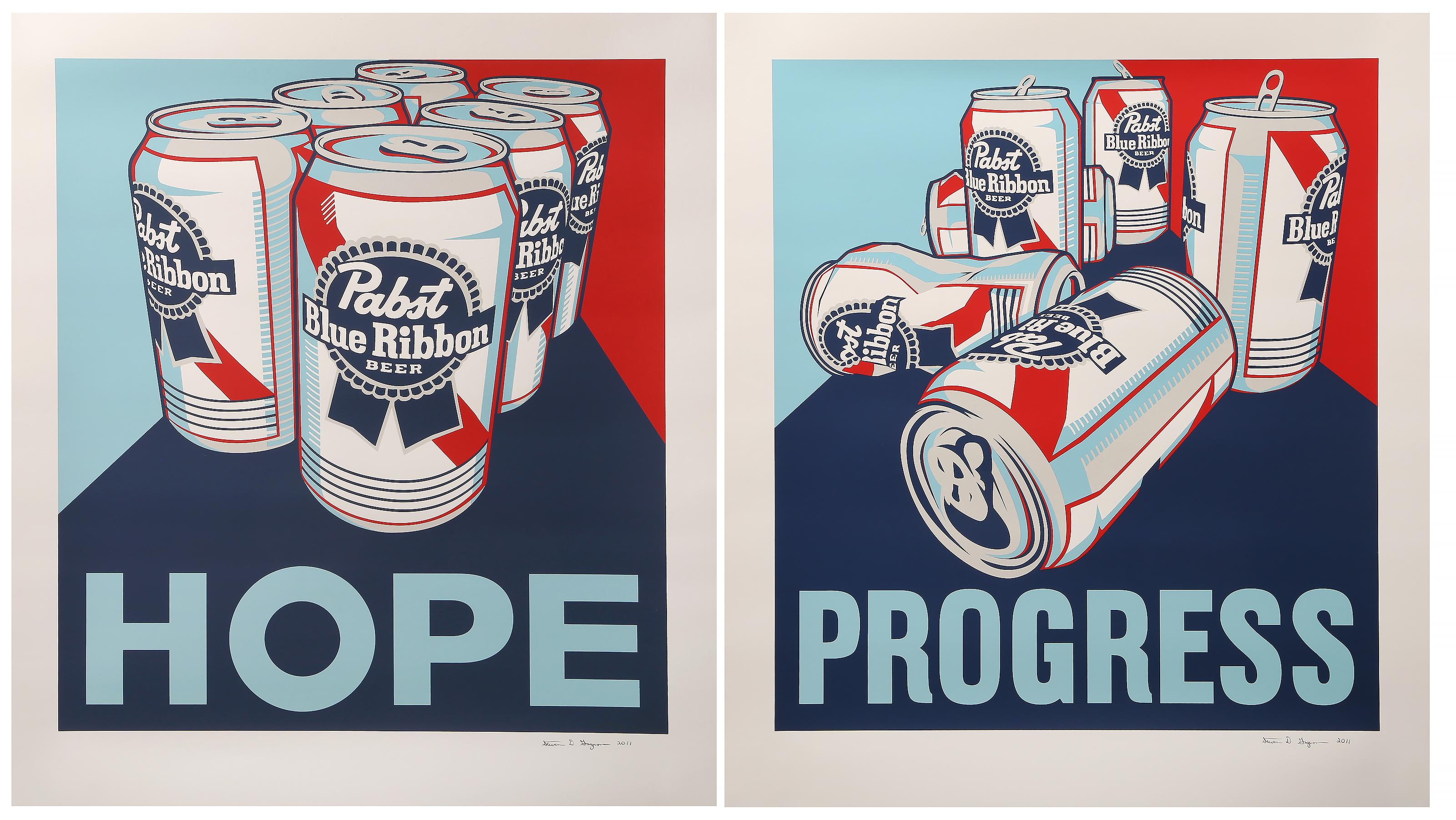 Due serigrafie di Steven Gagnon del 2011. Commento politico in immagini in stile pop art con un tono farsesco. Non incorniciato, firmato a mano in basso a destra. 

Artista: Steven Gagnon, americano (1973 - )
Titolo: Speranza e progresso
Anno:
