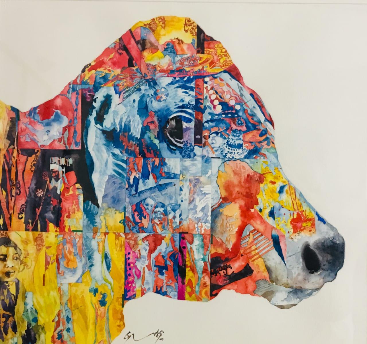 Animal Painting Steven Gandhi - Peinture à la vache, aquarelle sur papier de l'artiste contemporain indien « En stock »