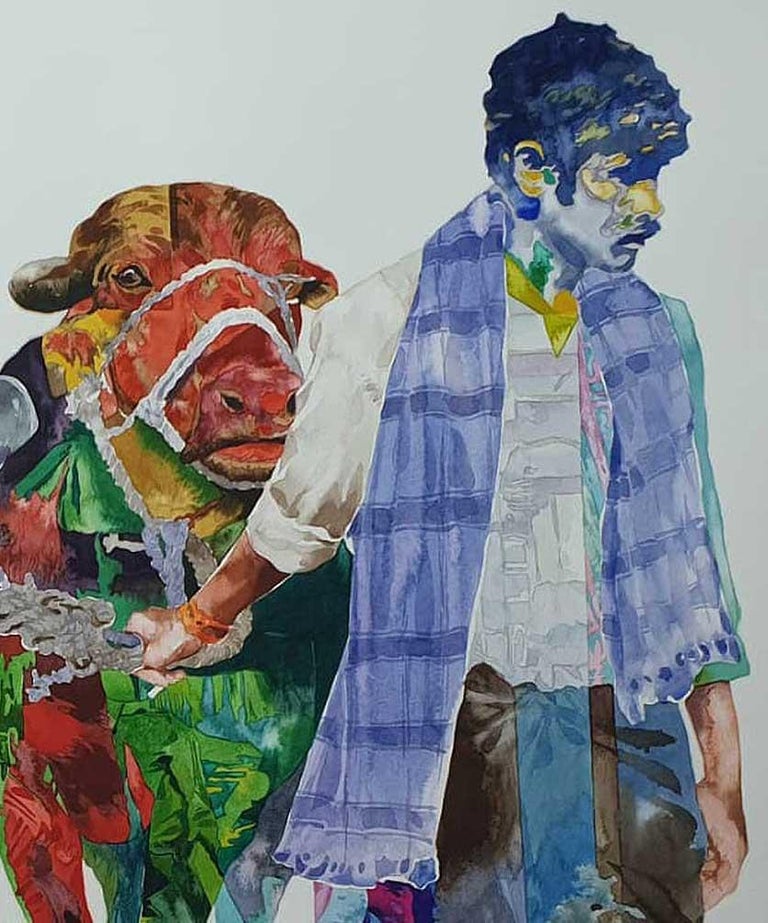 Steven Gandhi Journey S 2 Village Man And Cows Watercolor