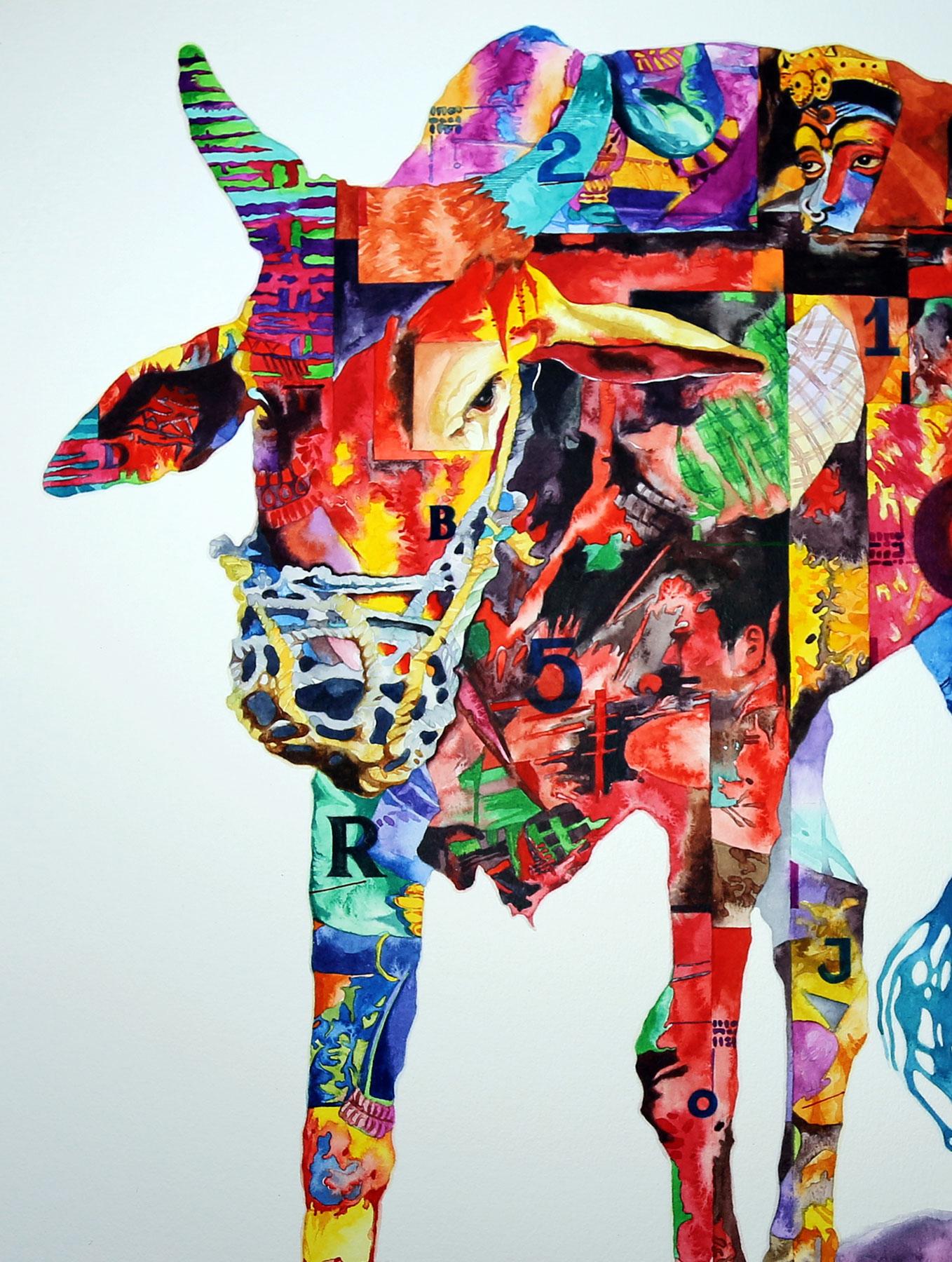 Cow, Animal Painting, Watercolor on paper, Red, Green, Violet, Yellow 