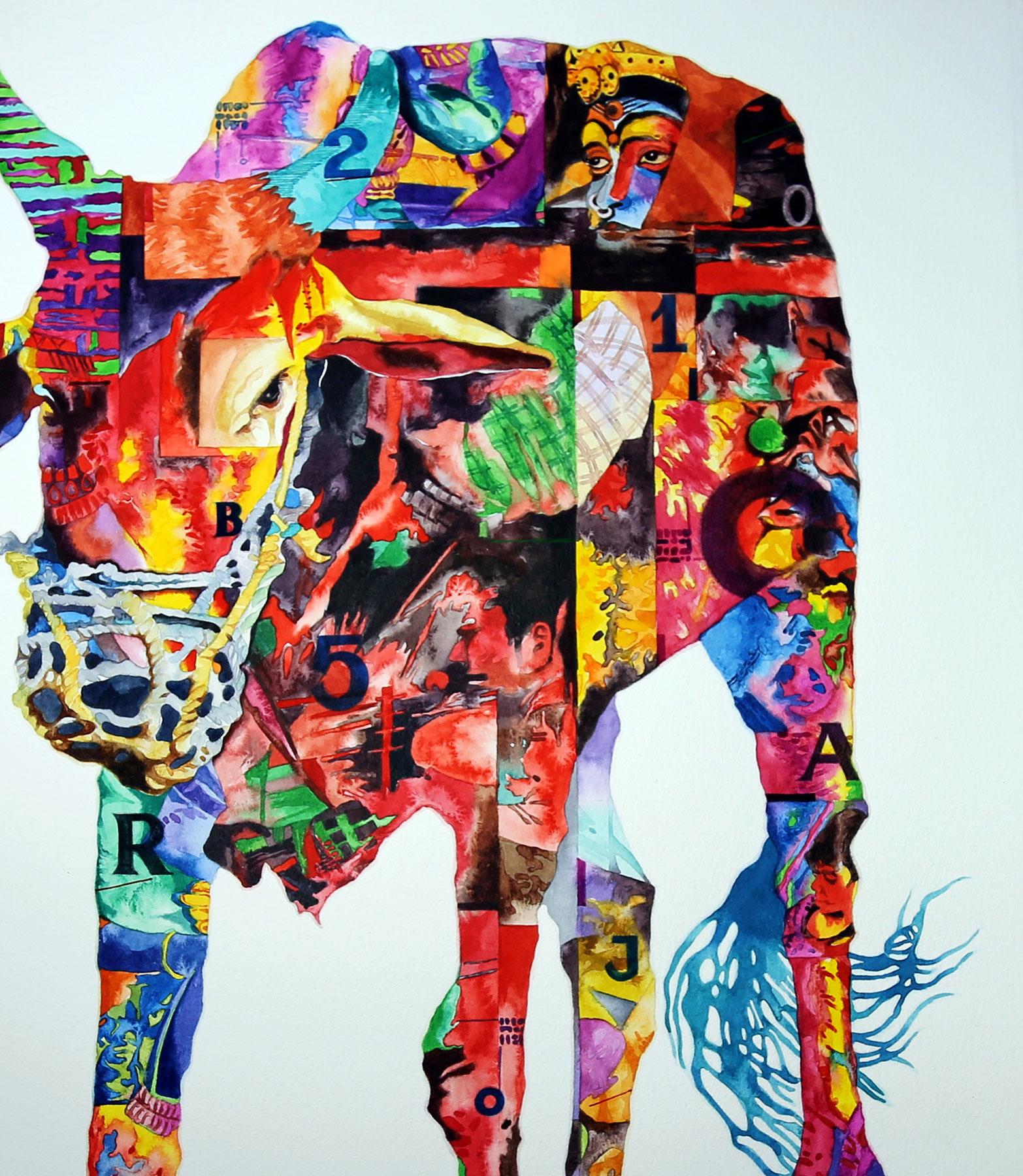 Cow, Animal Painting, Watercolor on paper, Red, Green, Violet, Yellow 