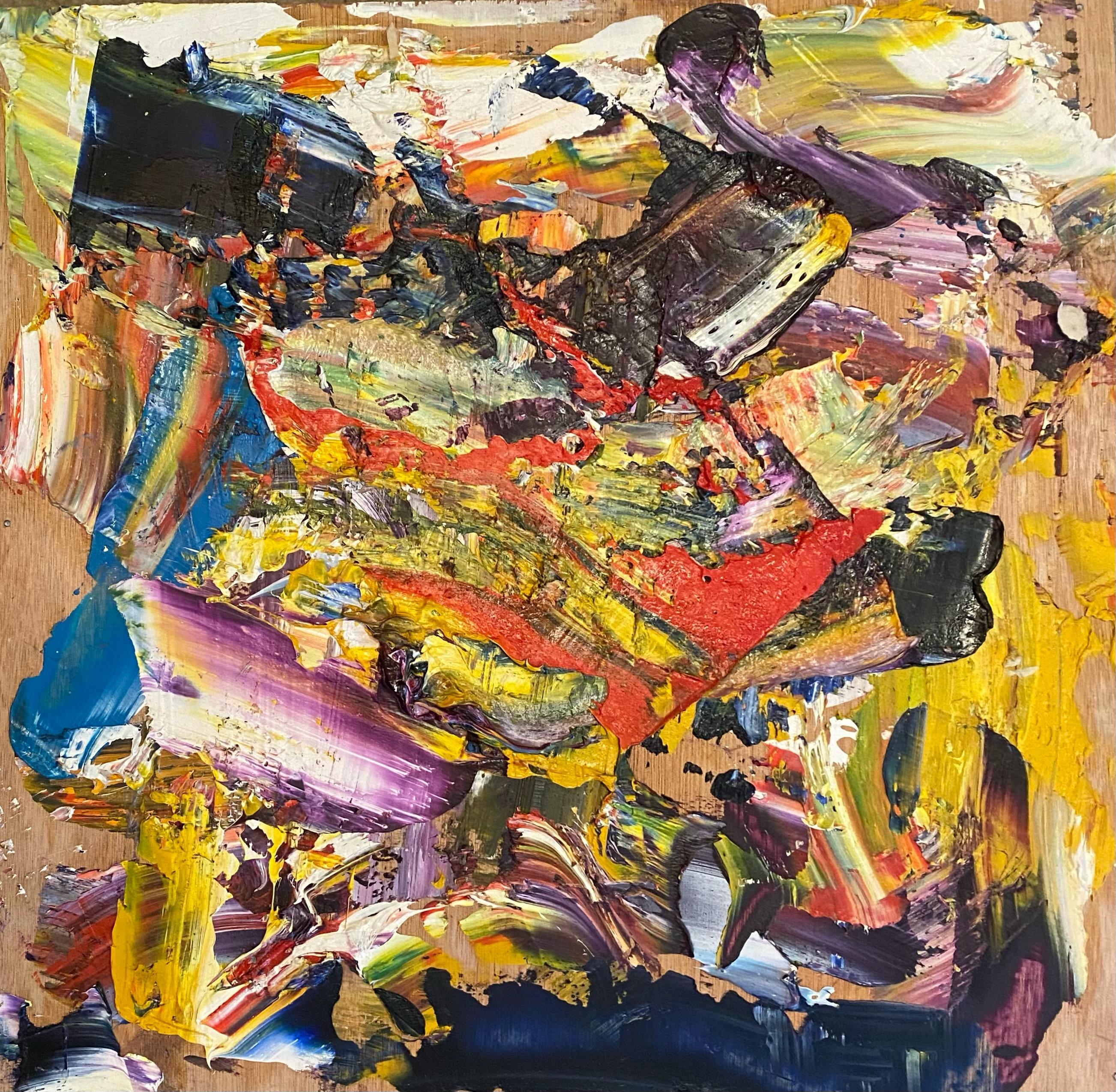 Sin título' Púrpura, naranja, amarillo, azul, negro Óleo abstracto texturizado sobre madera
