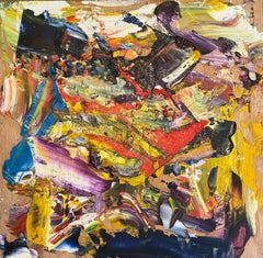 'Untitled' Purple, Orange, Yellow, Blue, Black Textured Abstract Oil on Wood
