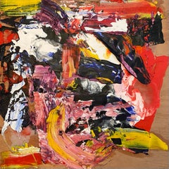 « Untitled », huile sur bois abstraite rouge, jaune, bleue, noire, texturée mixte 