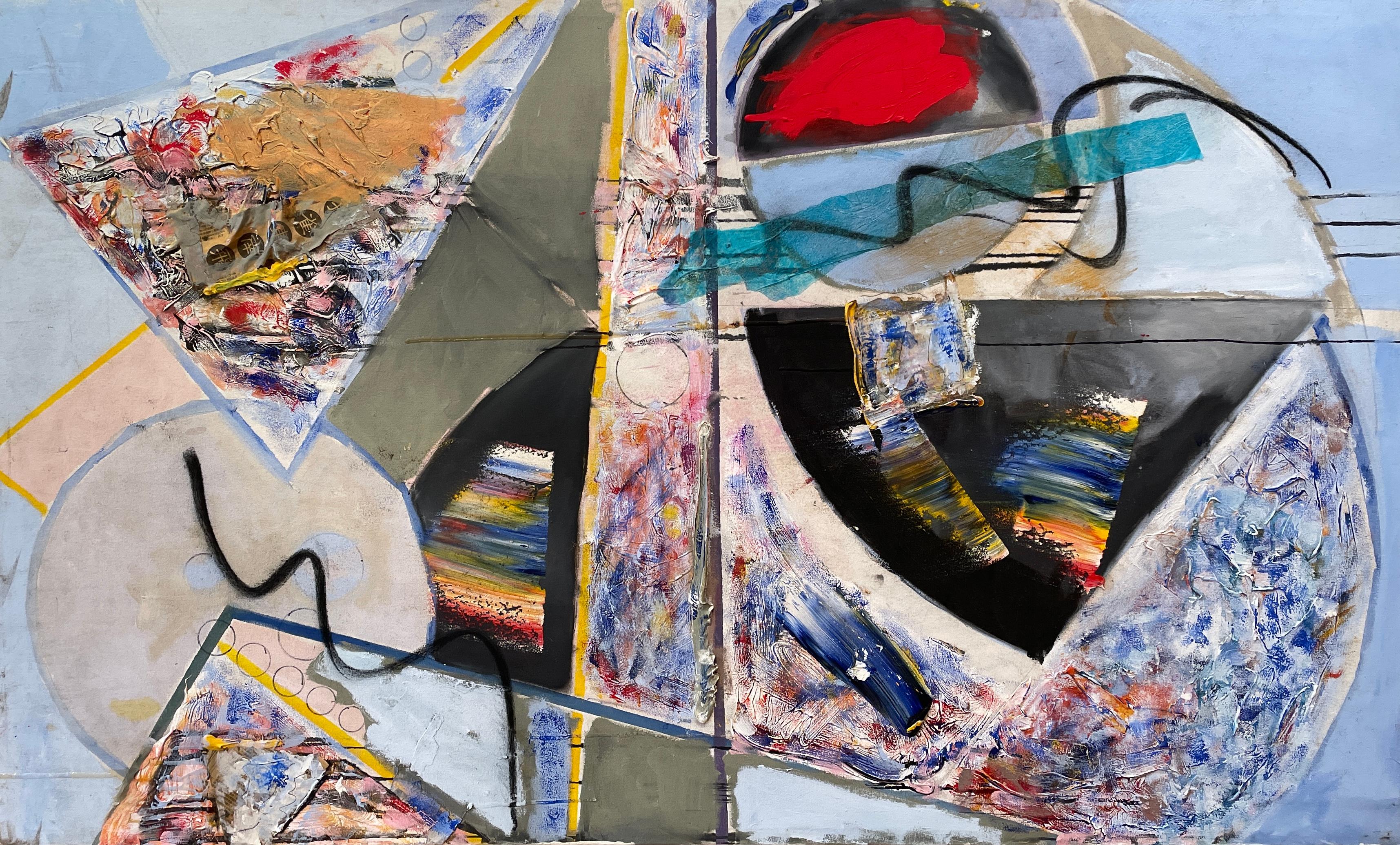 Steven H. Rehfelds "1994" ist ein vielseitiges und dynamisches, 38" x 64" großes Kunstwerk in Mischtechnik, das die temperamentvolle Essenz des abstrakten Expressionismus widerspiegelt. Die Leinwand ist eine Symphonie aus kontrastierenden Texturen