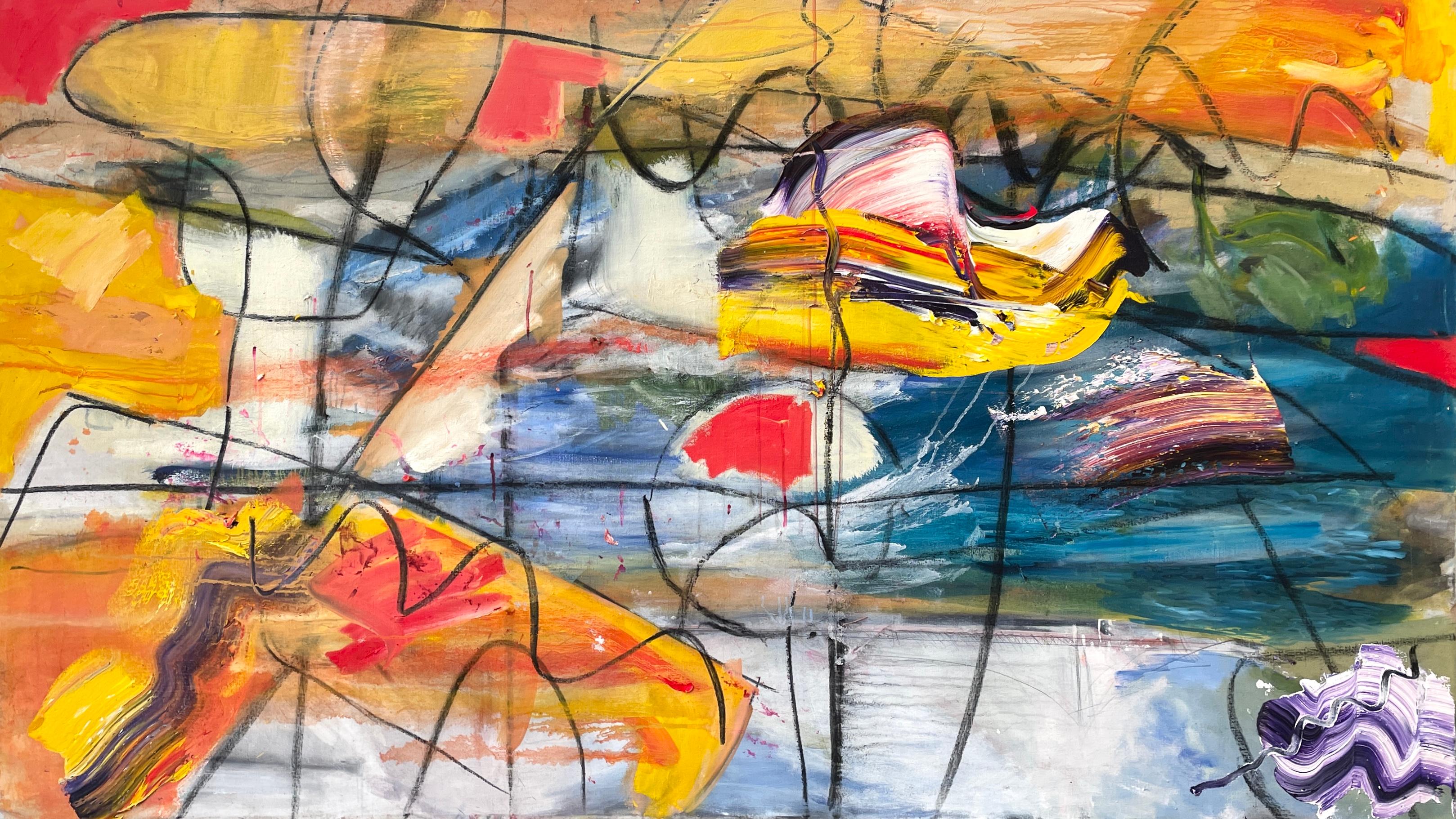 Steven H. Rehfeld's "All Over the Place" is a dynamic 42" x 72" abstract mixed media piece, reflecting the title's essence through a bold and unfettered composition. Its sprawling visuals showcase vibrant swatches of yellow, deep blues, and fiery