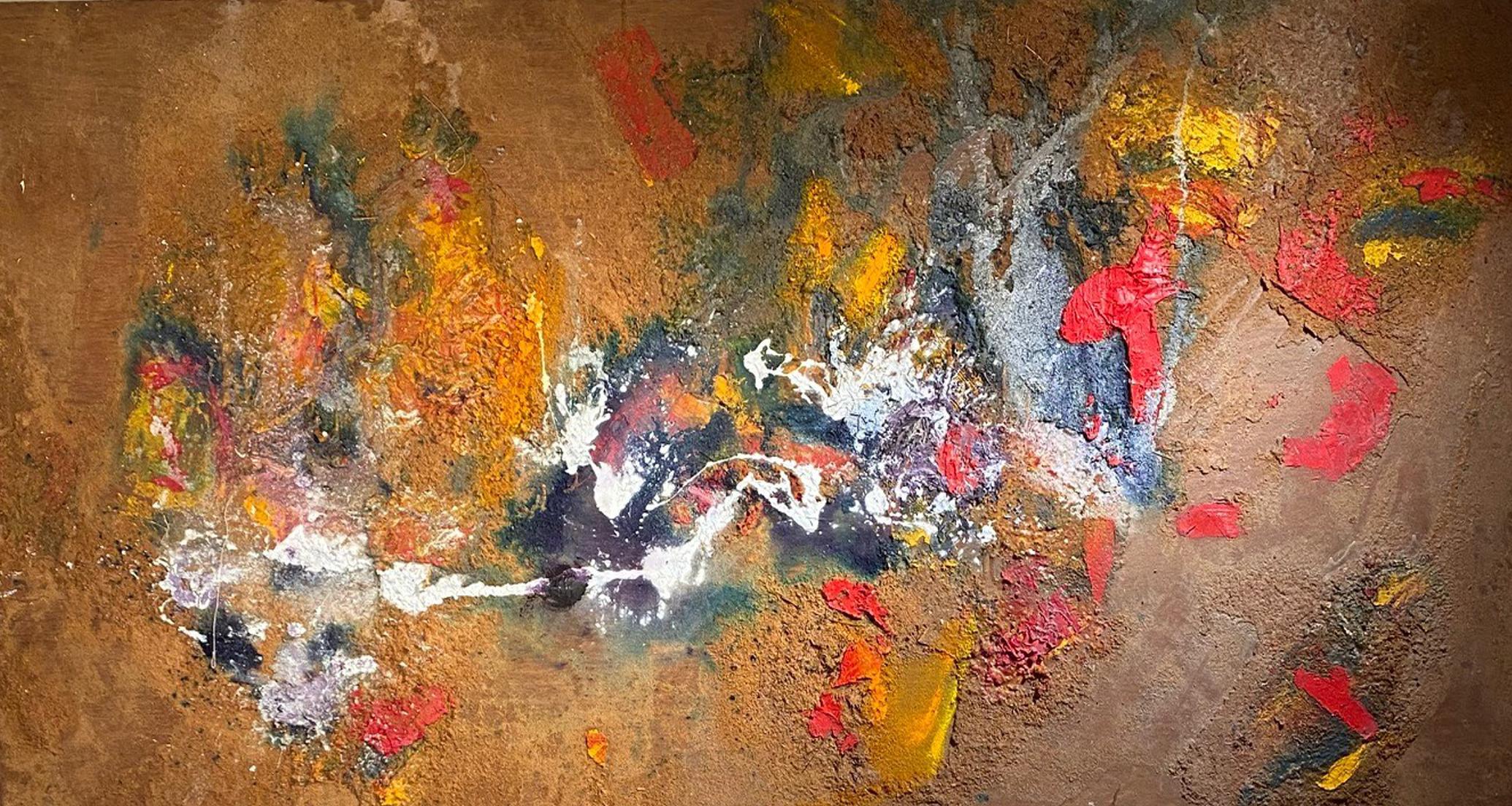 Steven H. Rehfeld Abstract Painting - "Birds And Bees" oil saw dust and foam on wood by Steven Rehfeld