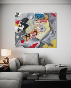 "Birds of a Feather" by Rehfeld - Gray and Red Mixed Media Contemporary Abstract