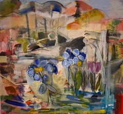 'Blue Tulips' Large  Paysage contemporain original sur toile technique mixte 