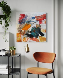 "Breaking News" - Red, Orange, and Blue Textured Mixed Media Abstract Artwork