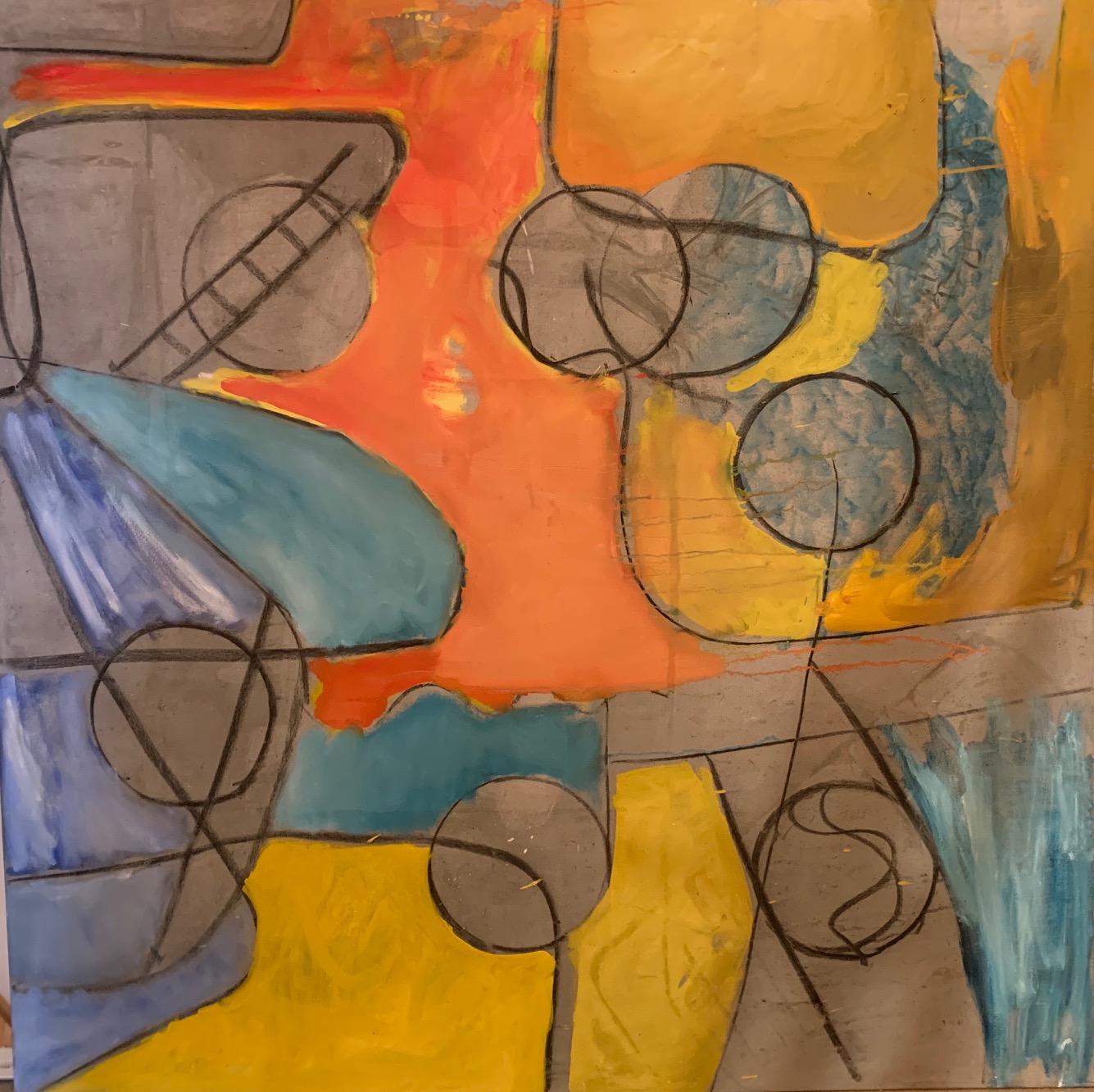 'Circles' by Steven H. Rehfeld - Large Blue, Yellow, and Orange Abstract Art For Sale 1