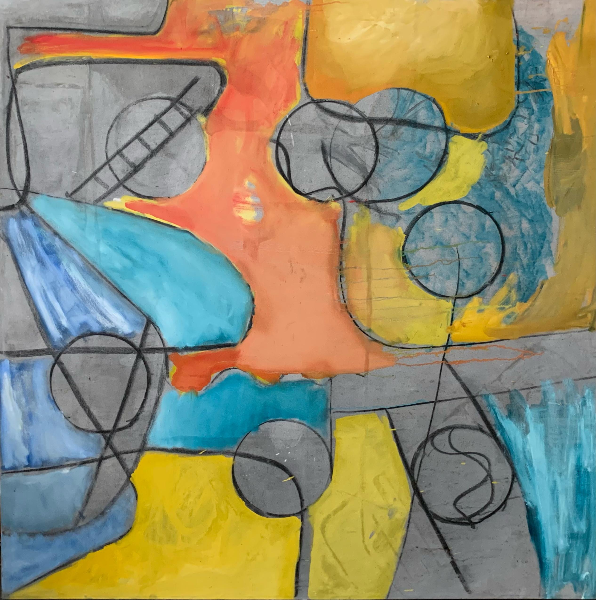 Steven H. Rehfeld Abstract Painting - "Circles"Blue, Orange, and Yellow Contemporary Abstract By Steven Rehfeld