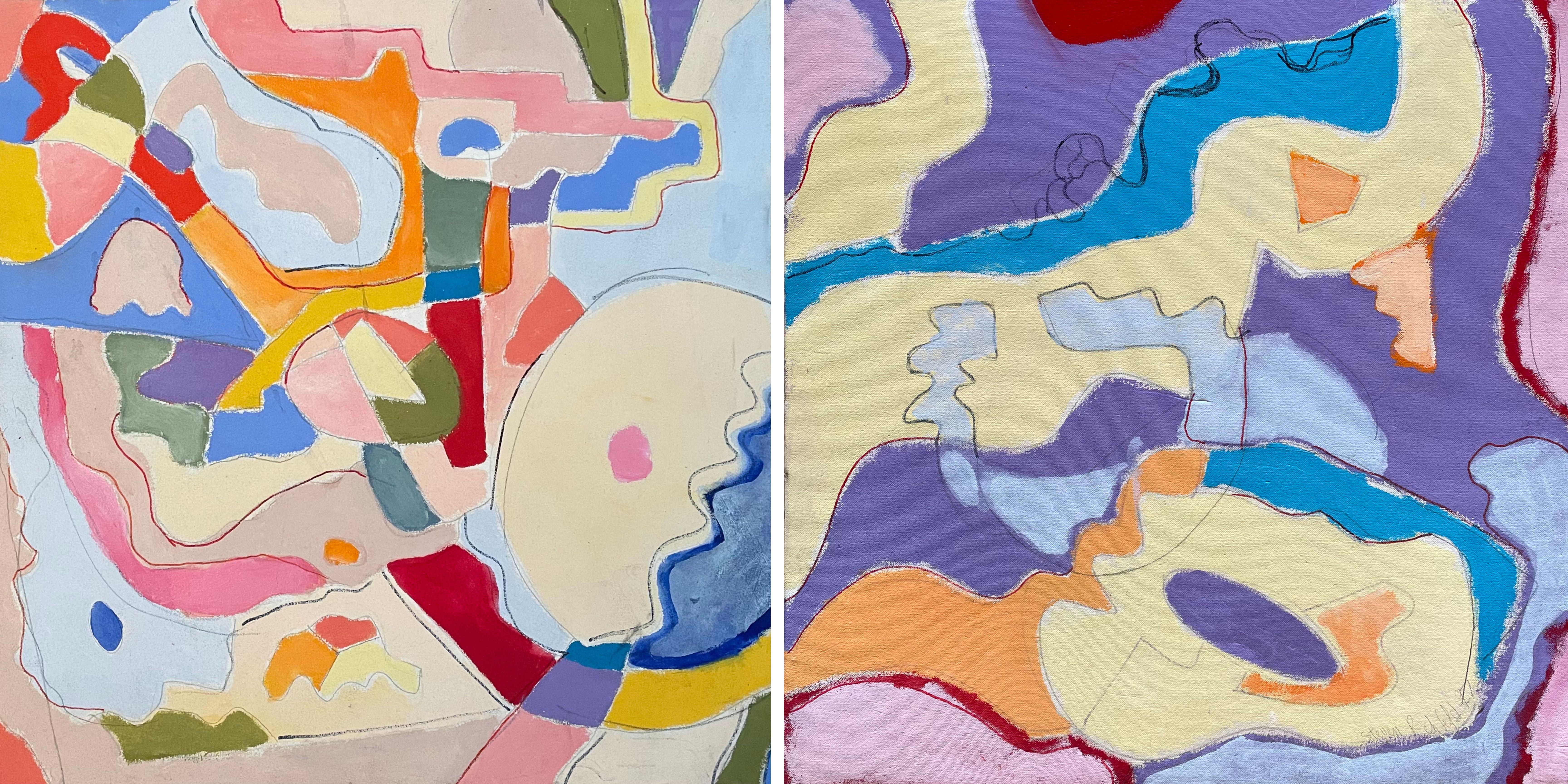 Steven H. Rehfelds 24" x 48" großes Diptychon "Coastal" fesselt den Betrachter mit seinem meisterhaften Tanz der Farben und Formen. Jede Tafel stellt eine abstrakte, aber harmonische Darstellung der unzähligen Landschaften der Natur dar. In der