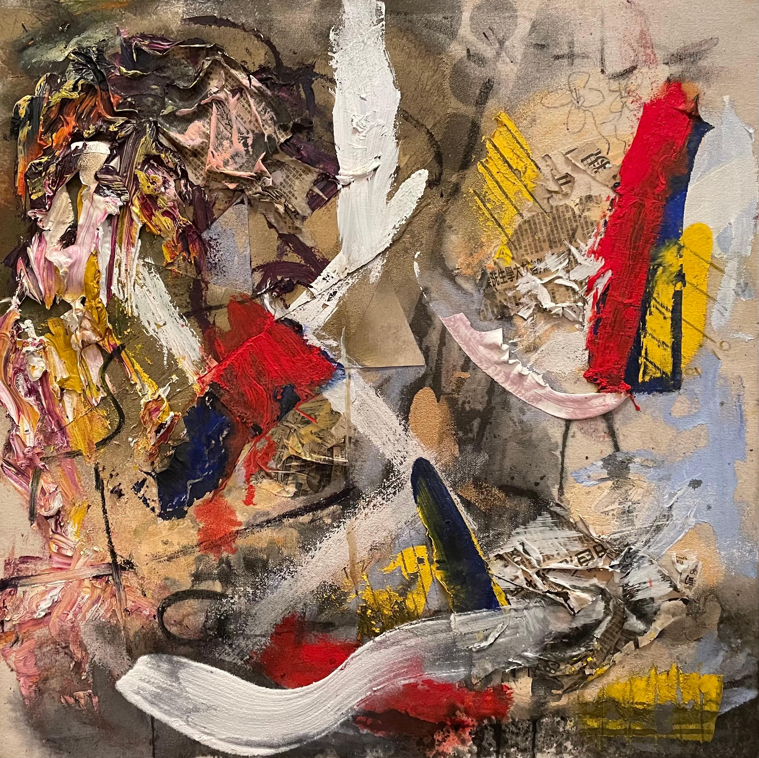 Steven Rehfeld's 24" x 24" abstract mixed media work is a dramatic exploration of texture, color, and form. The tumultuous amalgamation of materials draws viewers into a whirlwind of emotion and motion. Deep shadows and striking highlights play