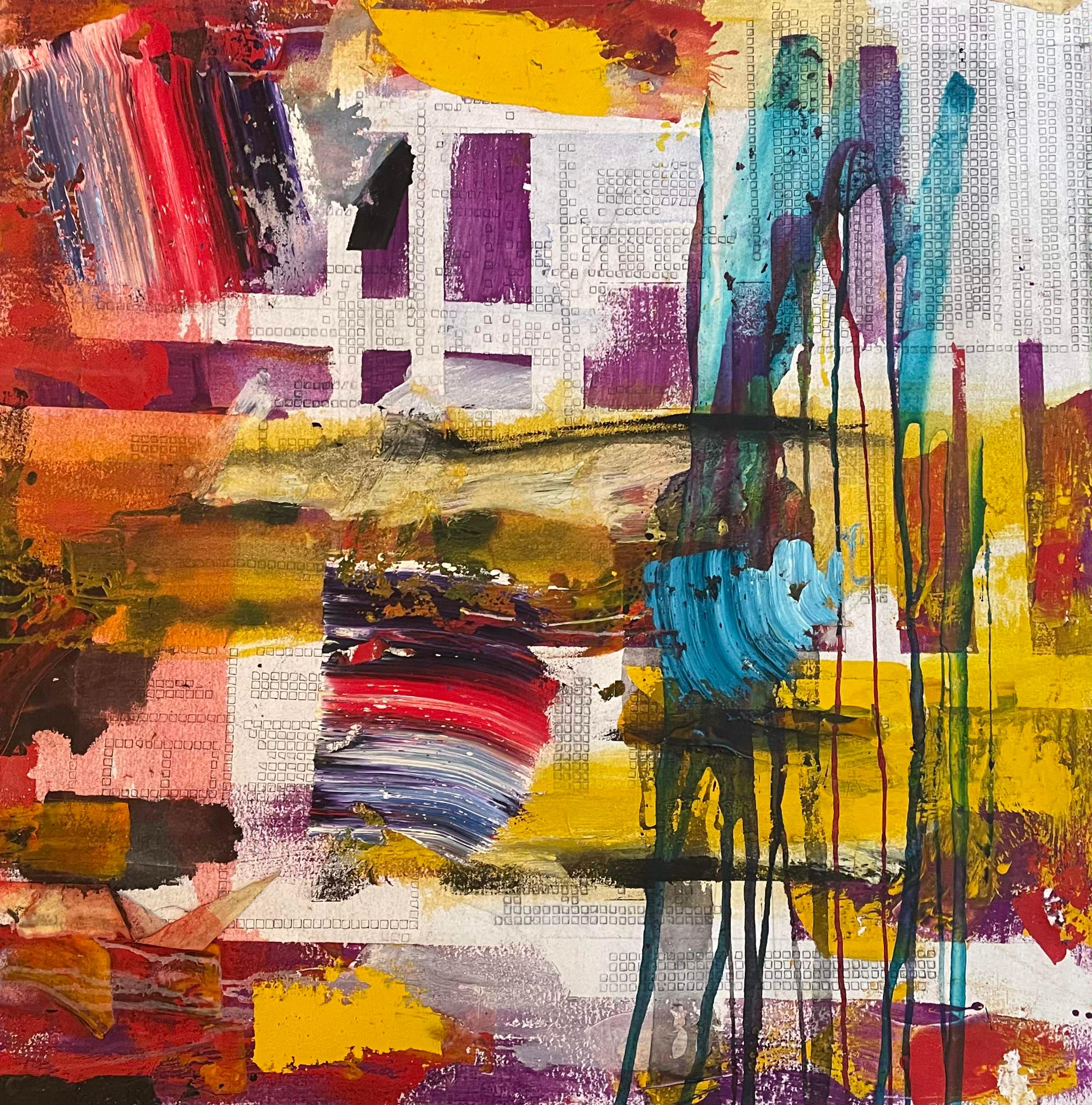 Steven Rehfeld's 30" x 30" abstract mixed media creation emanates a passionate intensity. Vibrant swaths of color, ranging from fiery reds and cool blues to rich golds, intermingle and clash with kinetic energy. Streaks of paint cascade like rain